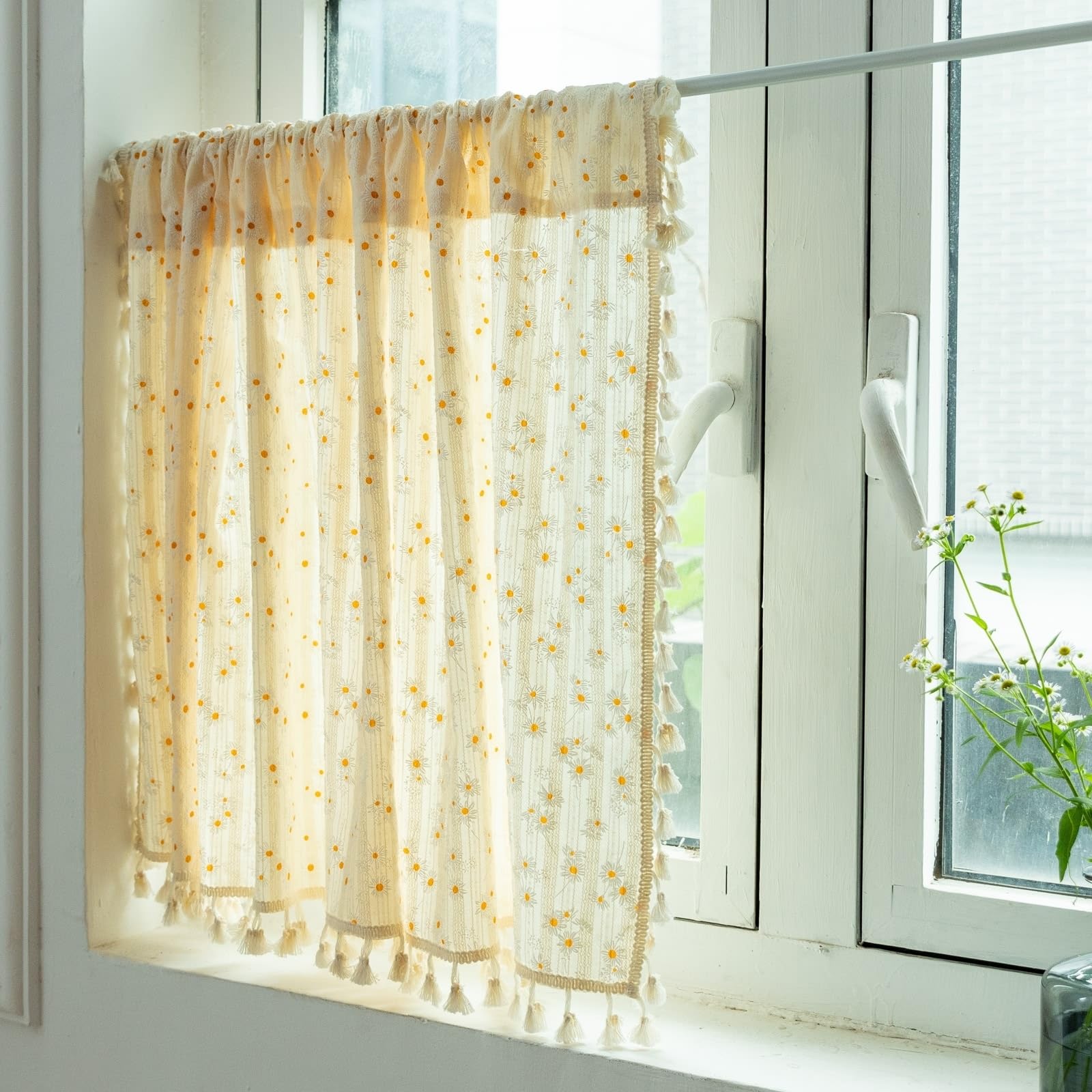 Wycian Tenda Oscurante Beige Piccola Tenda Giallo 1 Tende Cotone Fiori Pompon 140L X 80H Cm Elegante Premium Aggiornamento 3.0