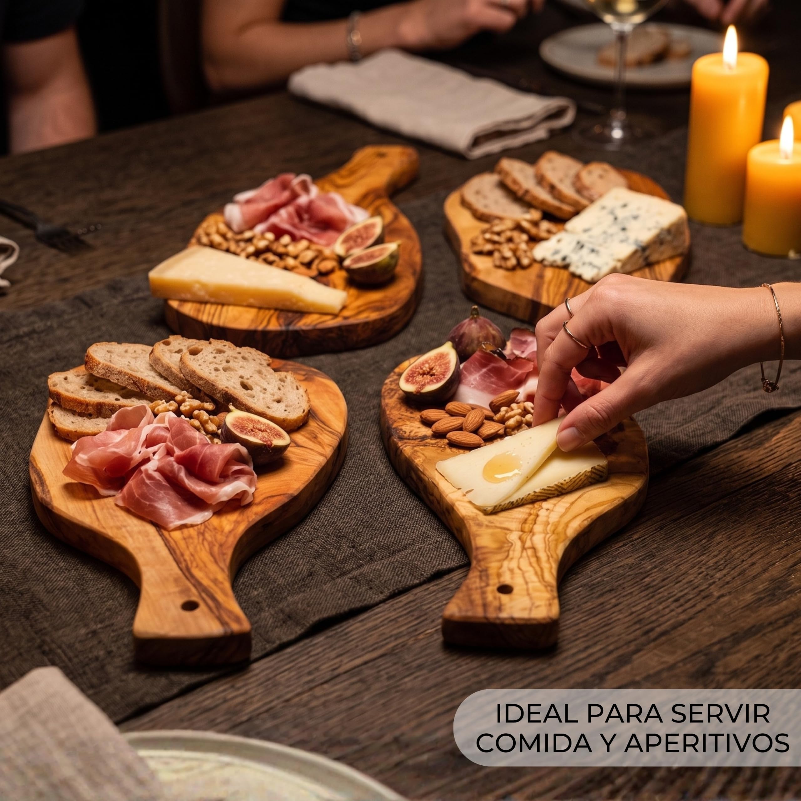 Erreke Tabla de Madera de Olivo Natural, Set de 4, 28 x 13 cm, Uso Diario | Set de 4 Tablas Pequeñas. Tabla Madera Cocina. Servir Quesos Embutidos Tapas. Estilo Mediterráneo. Para Cocina y Mesa