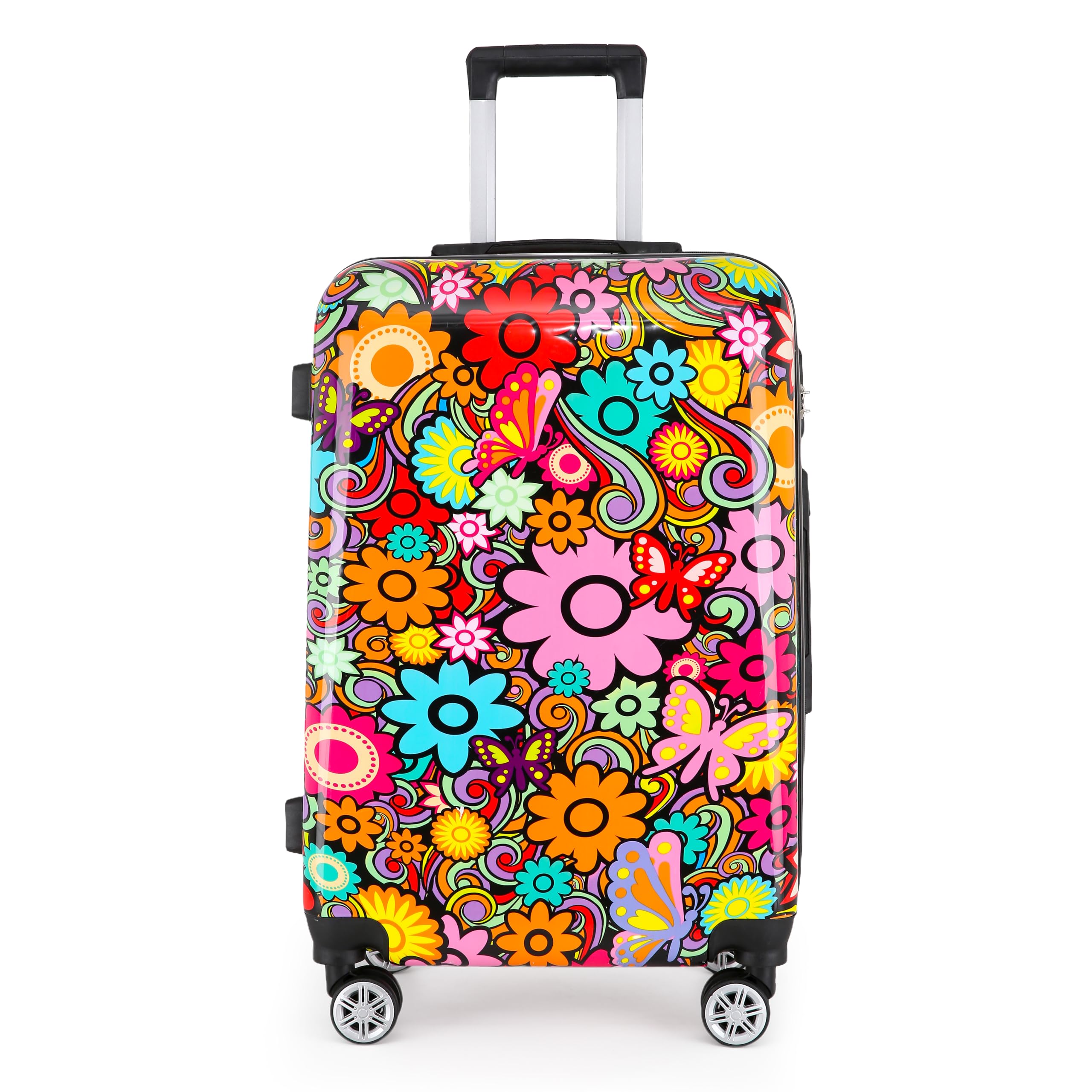 Infinity Leather Mittelgroßer Koffer „Flowers“, 61 cm, superleichtes Gepäck, 4 Räder, Spinner, 3-stelliges Zahlenschloss, Hartschalengepäck für 15 bis 20 kg