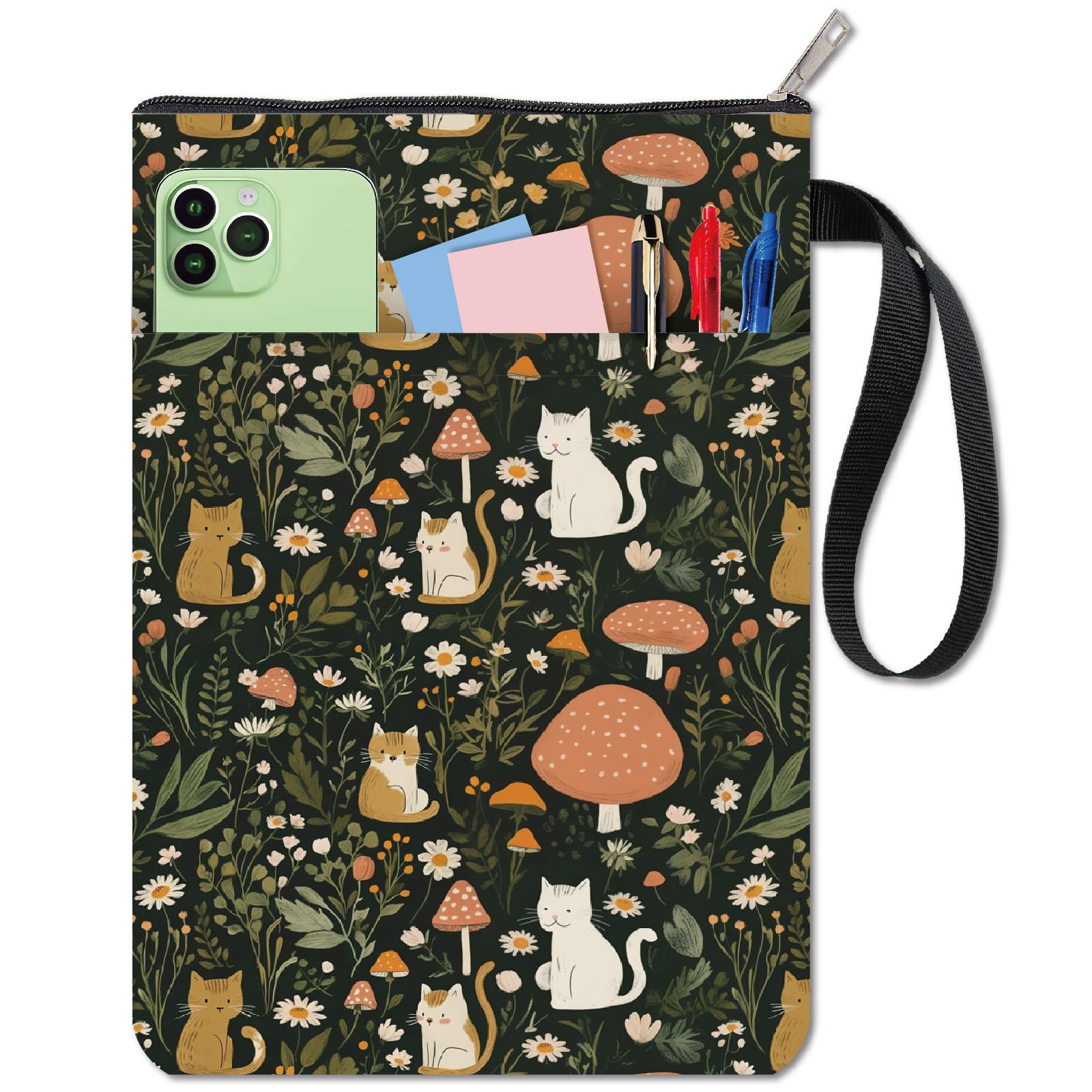 CRASPIRE Cat Book Covers Mushroom Book Protector Green Book Sleeve for Paperbacks Washable Fabric Cloth Book Cover with Zipper and Extra Sleeve Pocket for Book Lovers Classmate Gifts