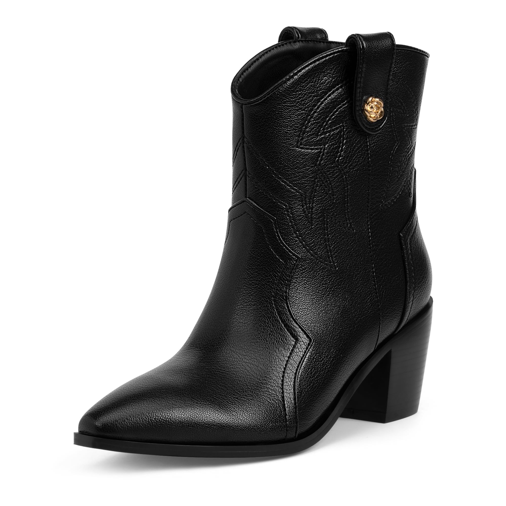 Womens Black Western Ankle Cowboy Boots Short Cowgirl Boots Embroidered Stitching Square Toe Pull On Block Heel Booties