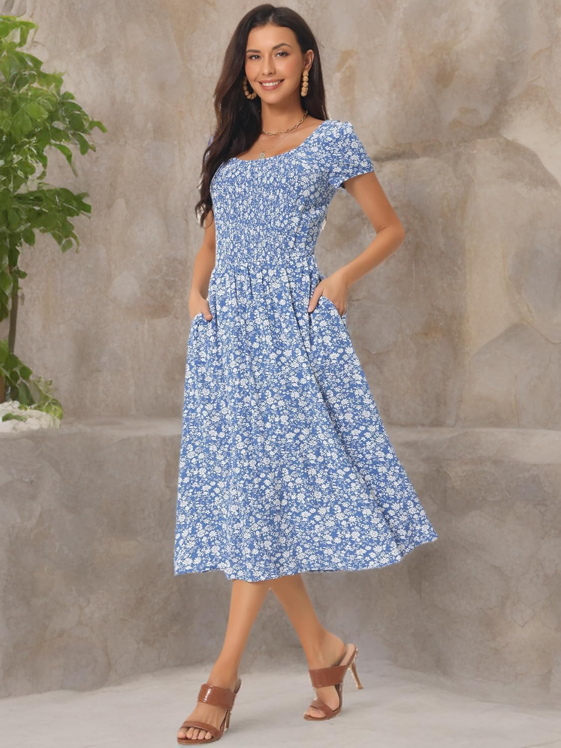 Seta T Women's Summer Midi Dress Crewneck Short Sleeve Smocked Boho Floral Flowy A Line Beach Dresses with Pocket - Image 6