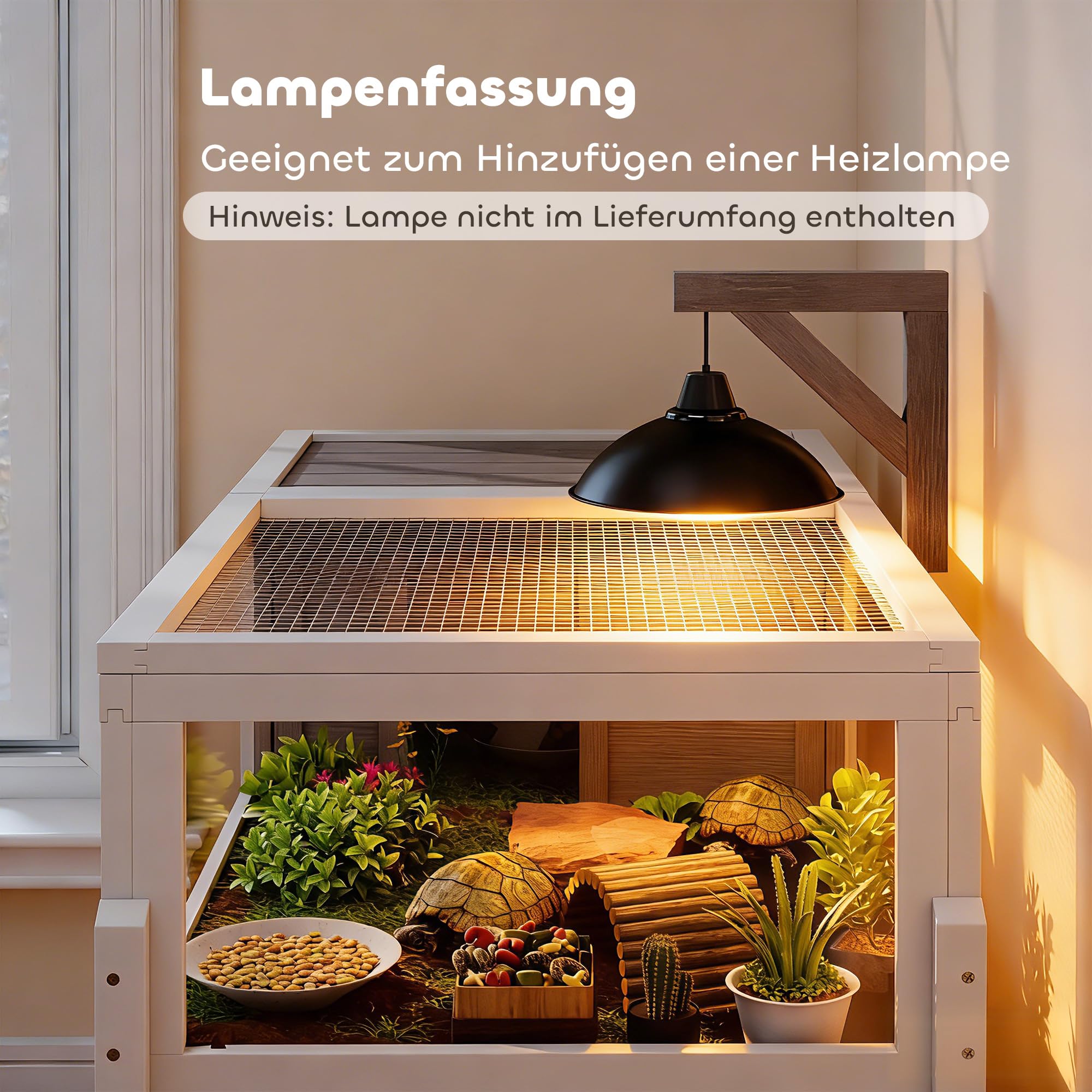 PawHut Schildkrötenhaus aus Holz Schildkrötengehege mit Haupthaus, Sichtfenster, aufklappbarer Deckel, Reptilienkäfig mit Lampenfassung, Futternapf, für Amphibien Indoor Outdoor