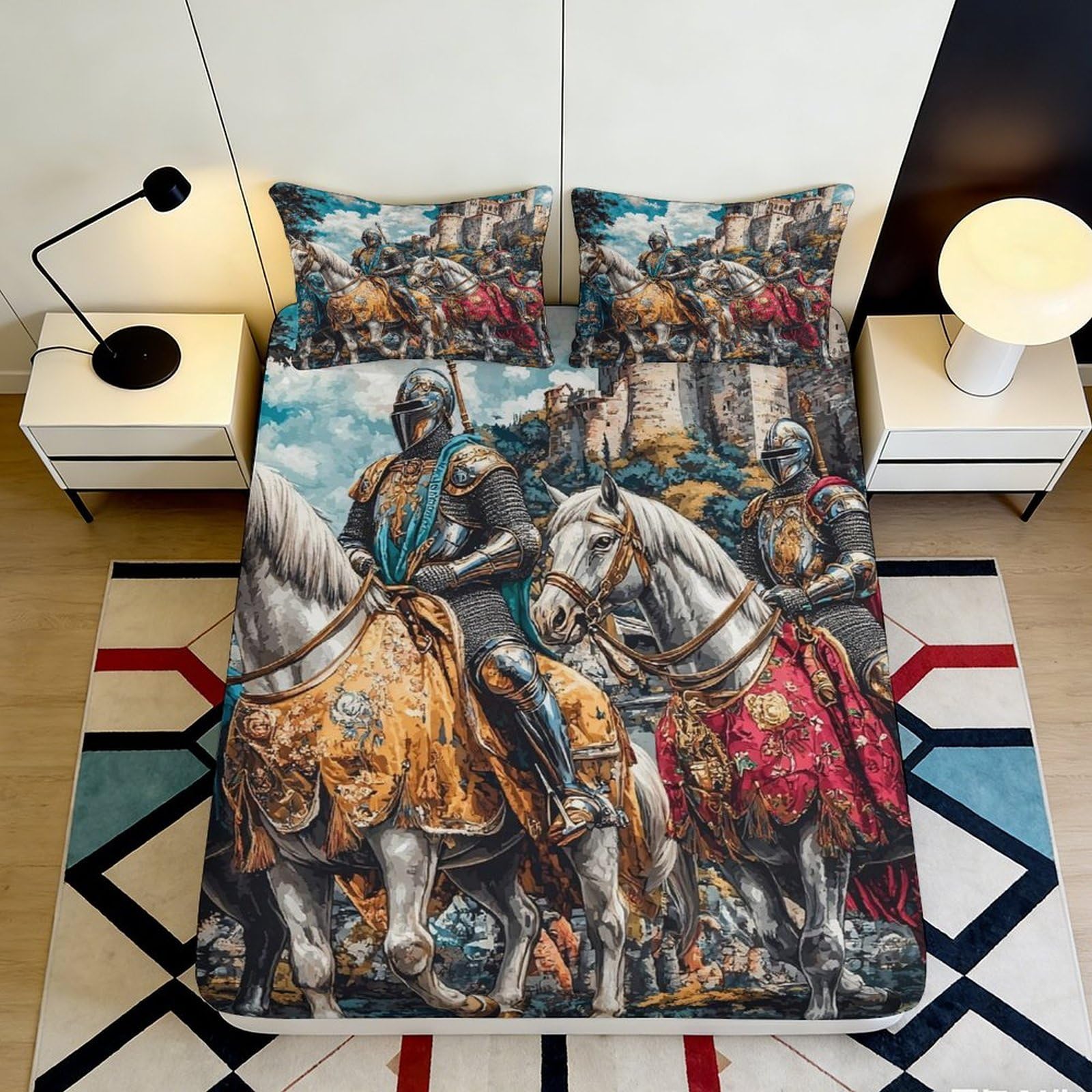 3D Printed Medieval Knights Fitted Sheet Microfiber Soft Castle Horse Mattress Cover for Bedroom Dorm Decor 120x200cm 180x200x25cm