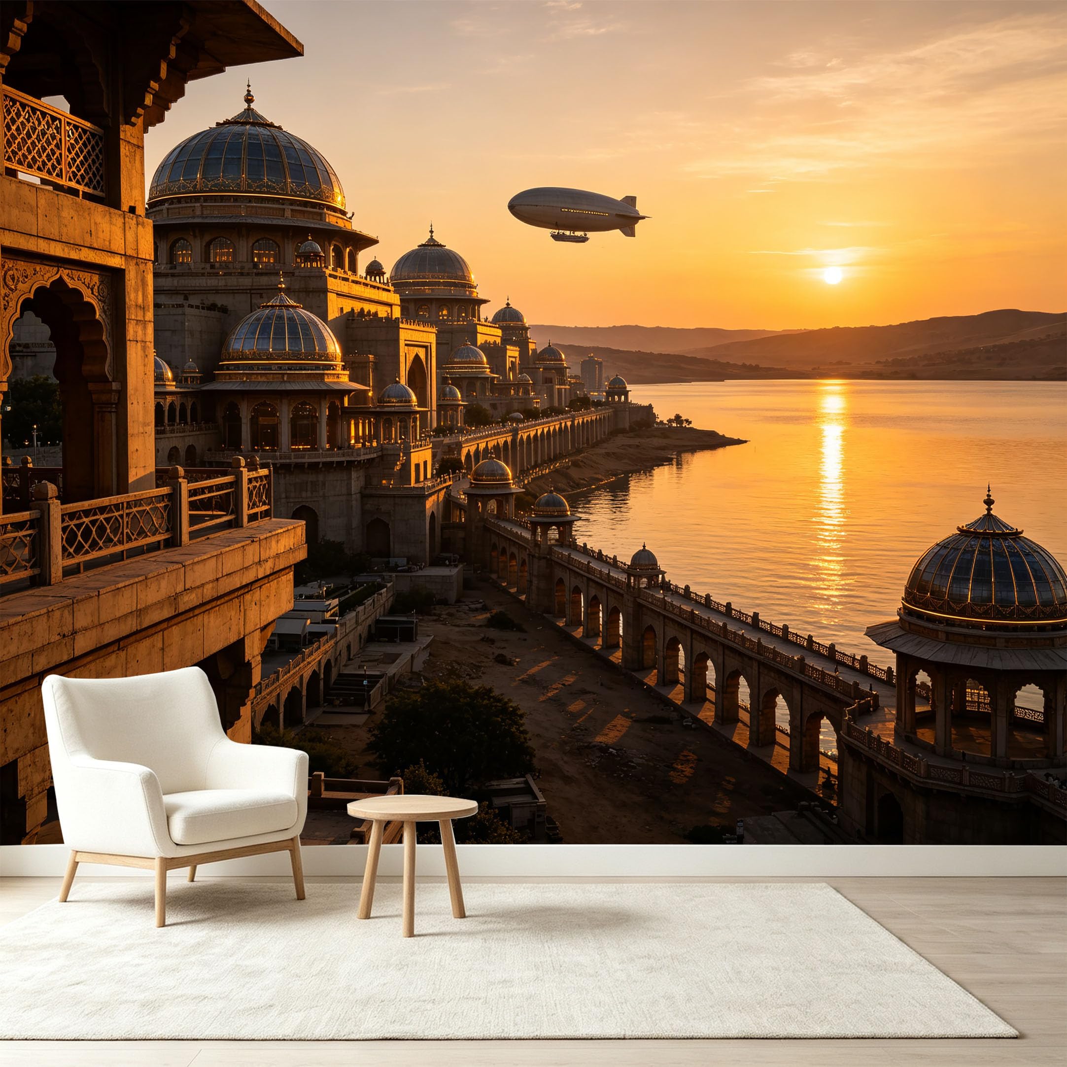 Custom Size Wall Murals Sunset Palace Lake Airship Steampunk Vintage Architectural Scenery Self-Adhesive Wall Fabric Removable Wallpaper Wall Decor for Living Room Bedroom Bathroom