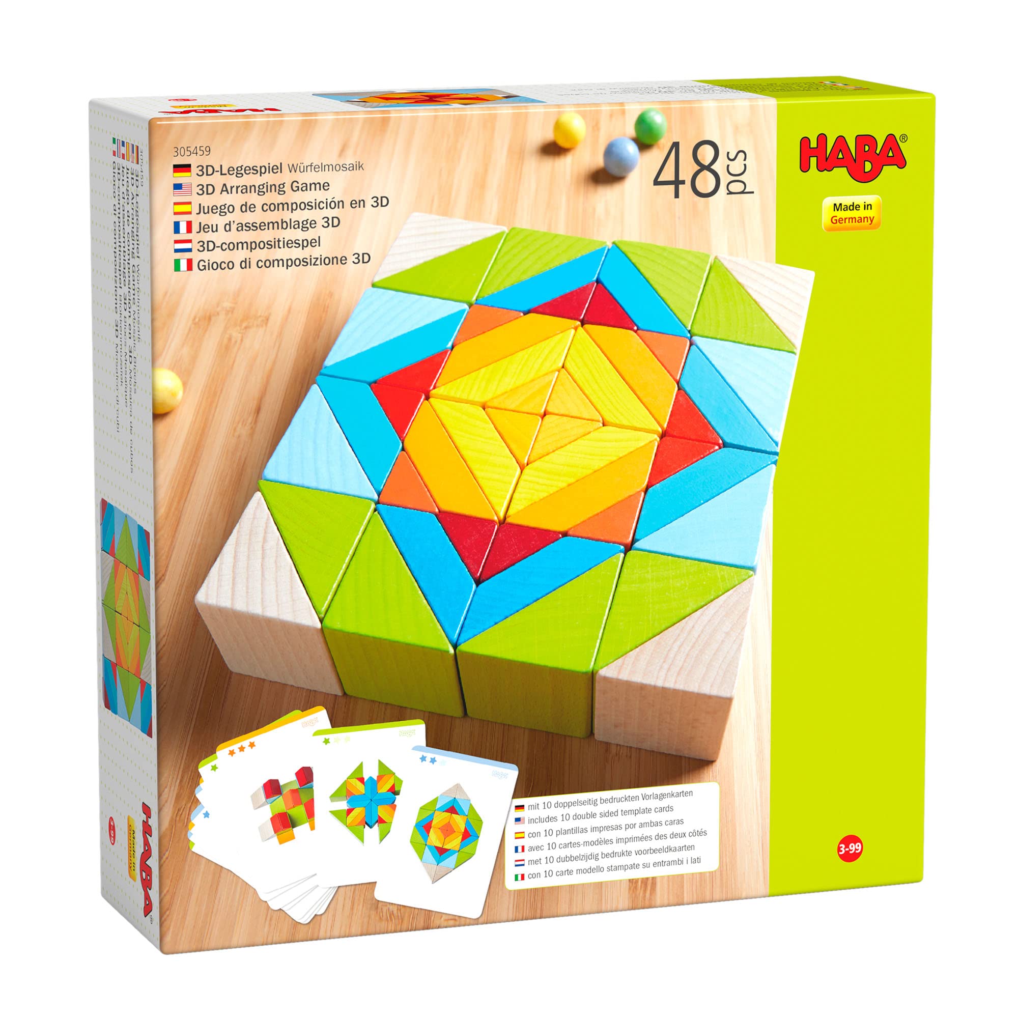 HABA 305459 3D Arranging Game Mosaic Blocks, with 48 blocks and 10 double sided template cards, for ages 3 and up (Made in Germany)