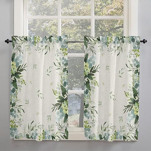 Kitchen Curtains 2 Panels Rod Pocket Tier Curtain Summer Farm Green Leaves Window Valance,Light Filtering Window Treatment Pastoral Botanical