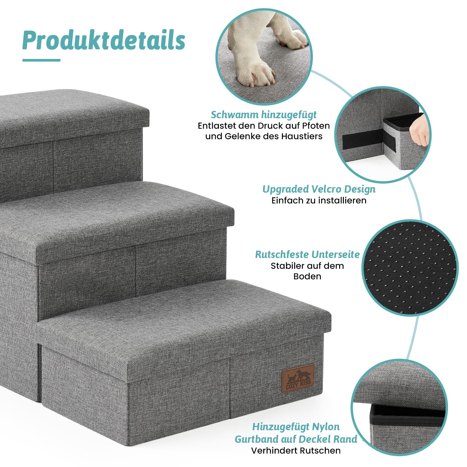COZY KISS Hundetreppe für Kleine Hunde mit Stauraum, Breite Haustiertreppe Faltbare für Bett und Couch, Hunderampe mit Rutschfestem Boden, Lecksichere (Grau, 43x72x42.5cm, 3)