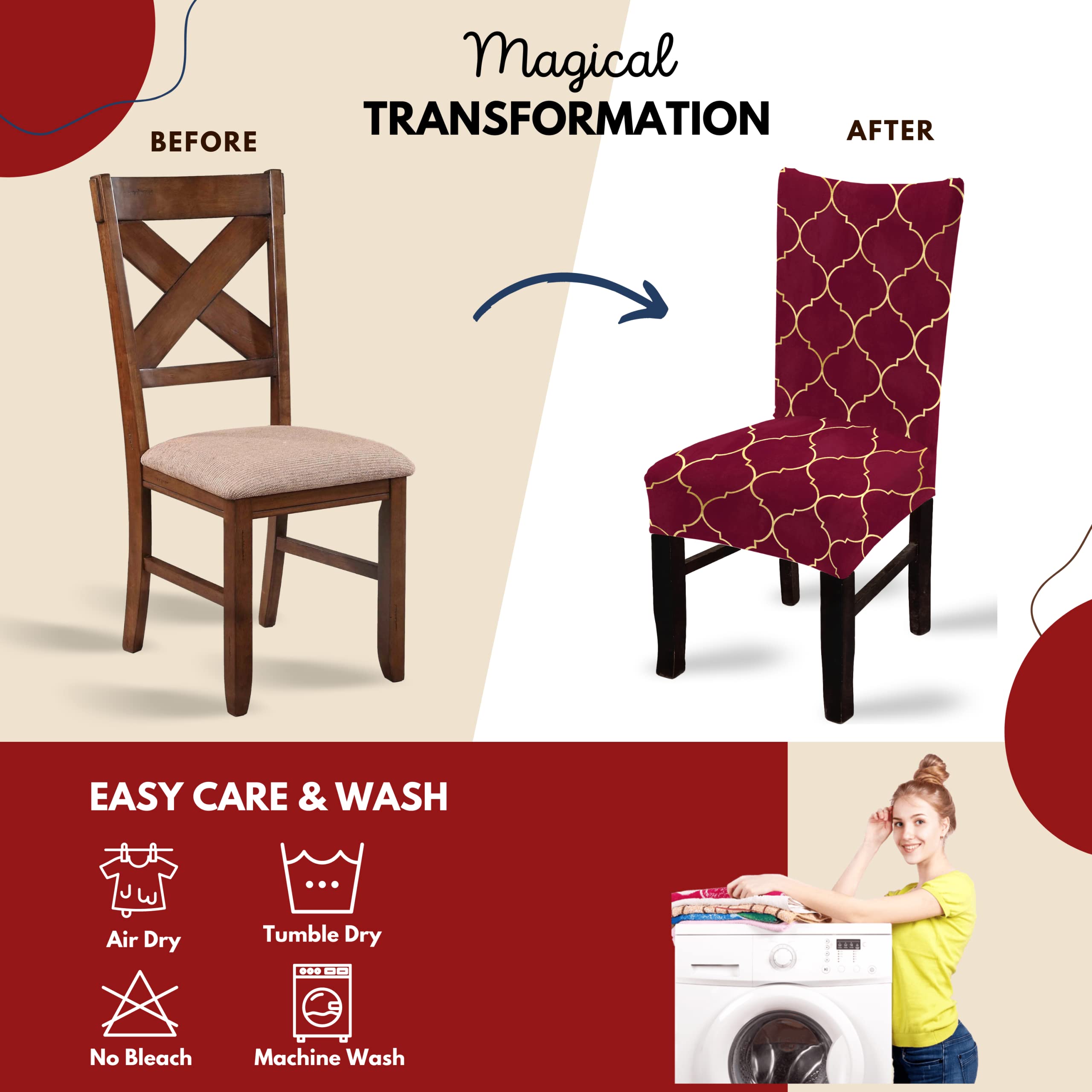 BRIDA® Stretchable Floral Geometric Printed Dining Chair Covers Set of 4 Seater Elastic Chair Seat Case Protector, Slipcovers (4 Chair Cover, Maroon Diamond),Polyester;Polyester Blend 3