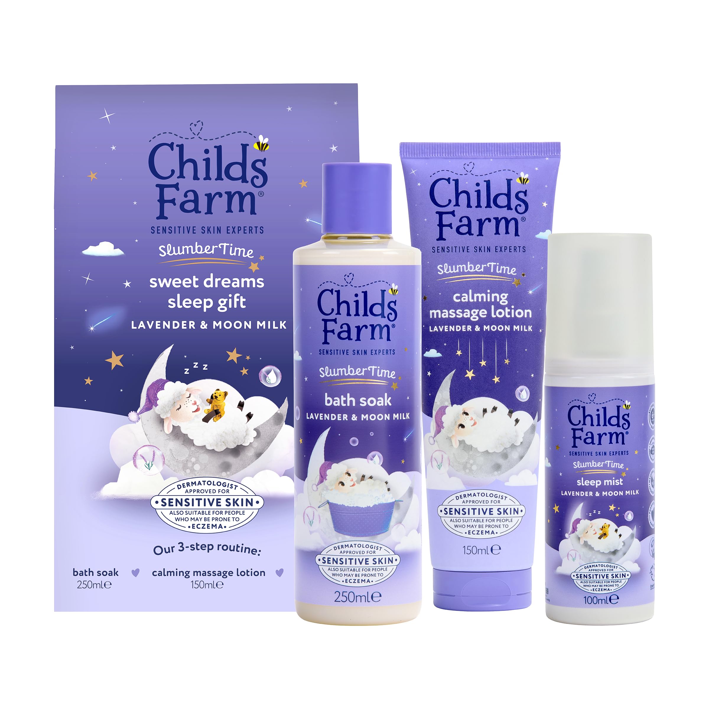 Childs Farm SlumberTime Sweet Dreams Sleep Gift Set | 3-Step Sleep Routine | Lavender & Moon Milk Bath Soak 250ml, Calming Massage Lotion 150ml, Sleep Mist 100ml | Suitable for Dry & Sensitive Skin