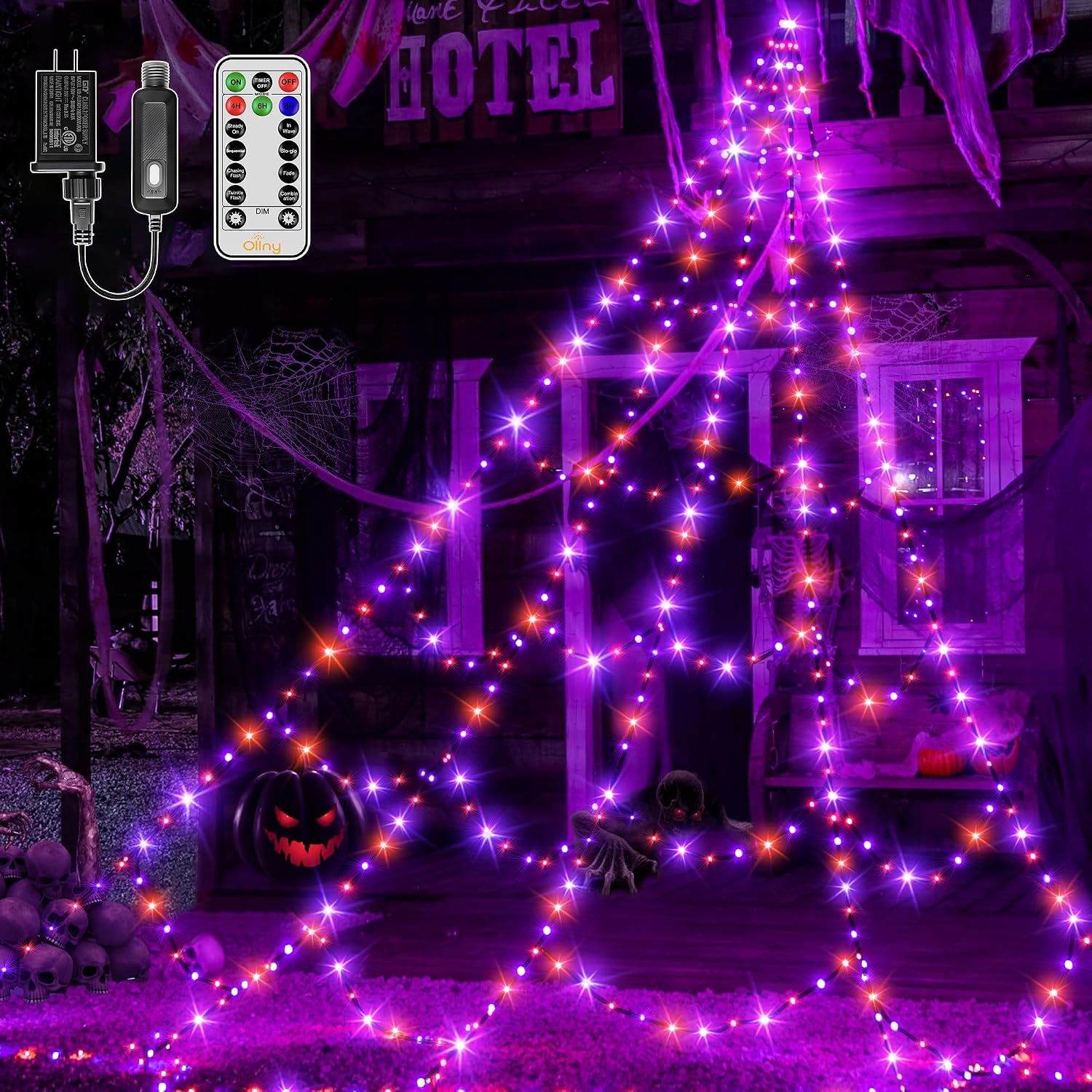 Ollny Halloween Lights Outdoor 266 LEDs Spider Web Lights Orange & Purple Halloween Decorations, 9.8 FT Tall Creepy Web Light Plug in 8 Modes Timers Memory Function for Holiday House Party Yard