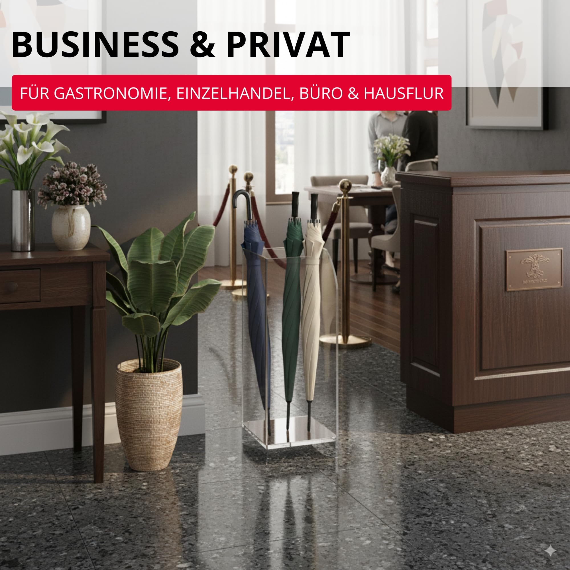 StarK Regenschirmständer Acryl – 50x20 cm quadratisch & transparent | Schirmständer Regenschirm für 8 Schirme | Stilvolles Design, elegant & passend für Flur, Büro & Praxis