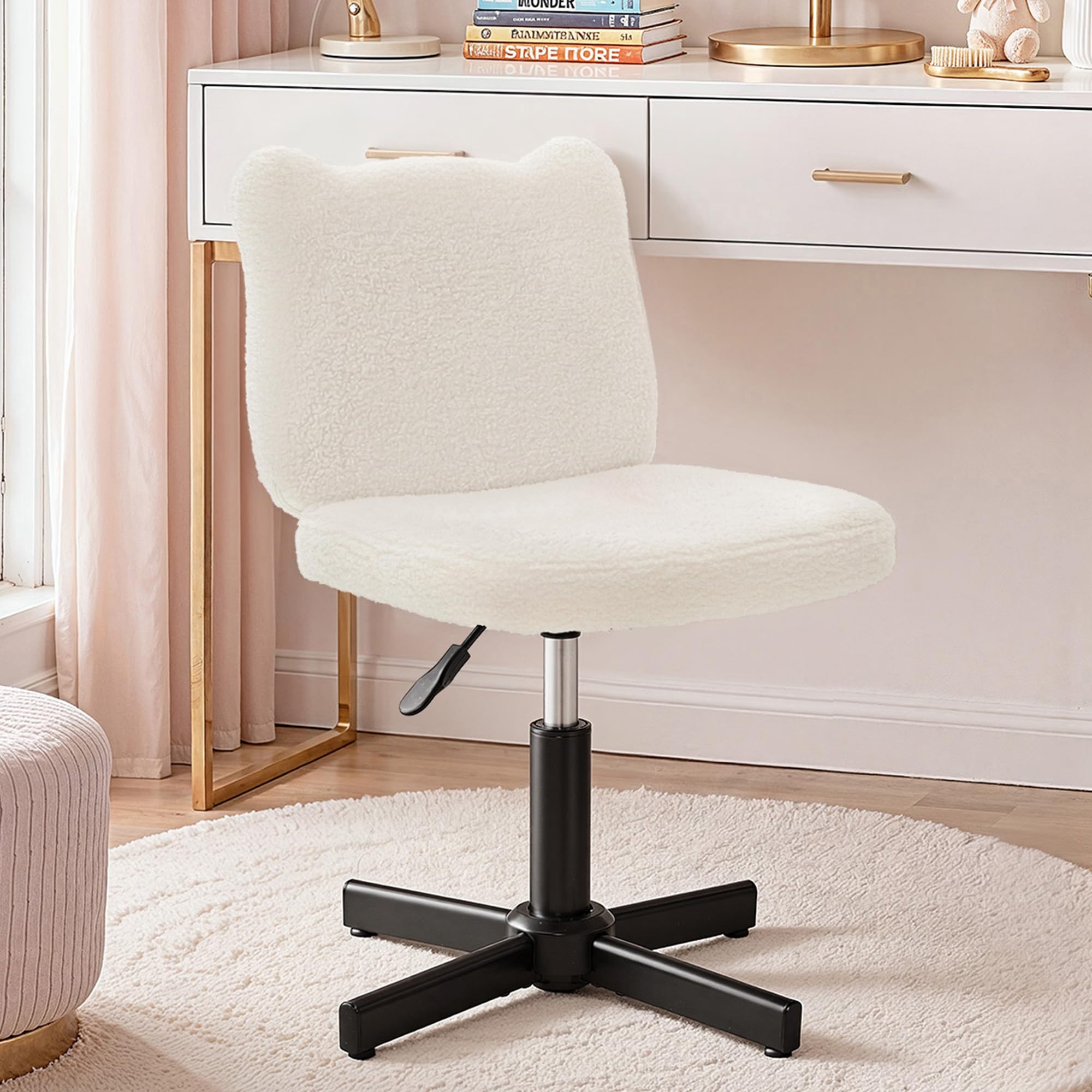 LUE BONA Schminktisch Stuhl mit Bärenohren Rückenlehne – 360° Teddy-Samt Drehsessel, Schminktisch Hocker für Schlafzimmer & Ankleidezimmer, Belastbar bis 136kg, Beige