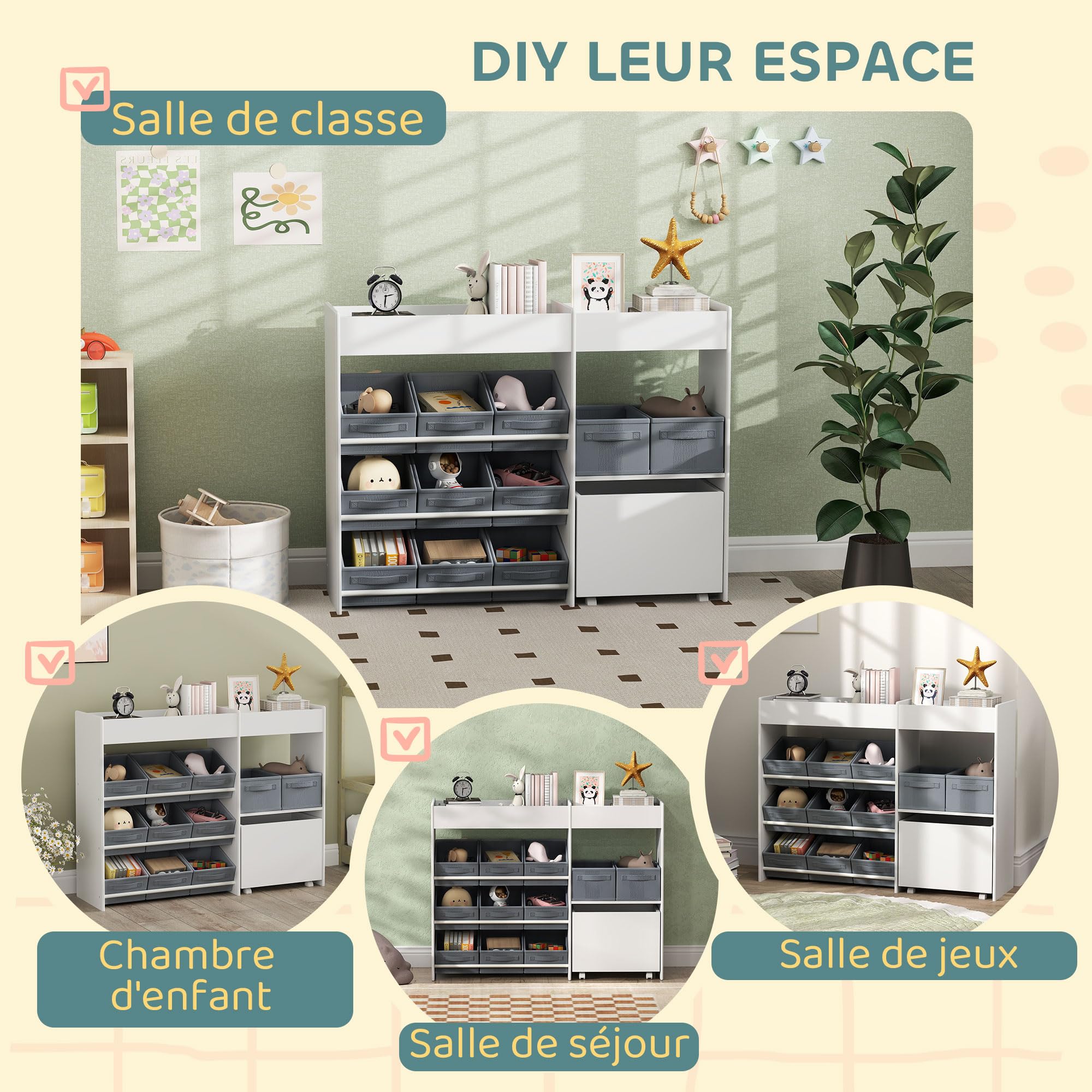 AIYAPLAY Étagère de Rangement Enfant pour Jouets et Livres, avec 11 bacs de rangements en Tissu Non tissé et Un Cabinet sur roulettes, pour Chambre, Salon, Salle de Jeu, 105x30x80cm, Blanc