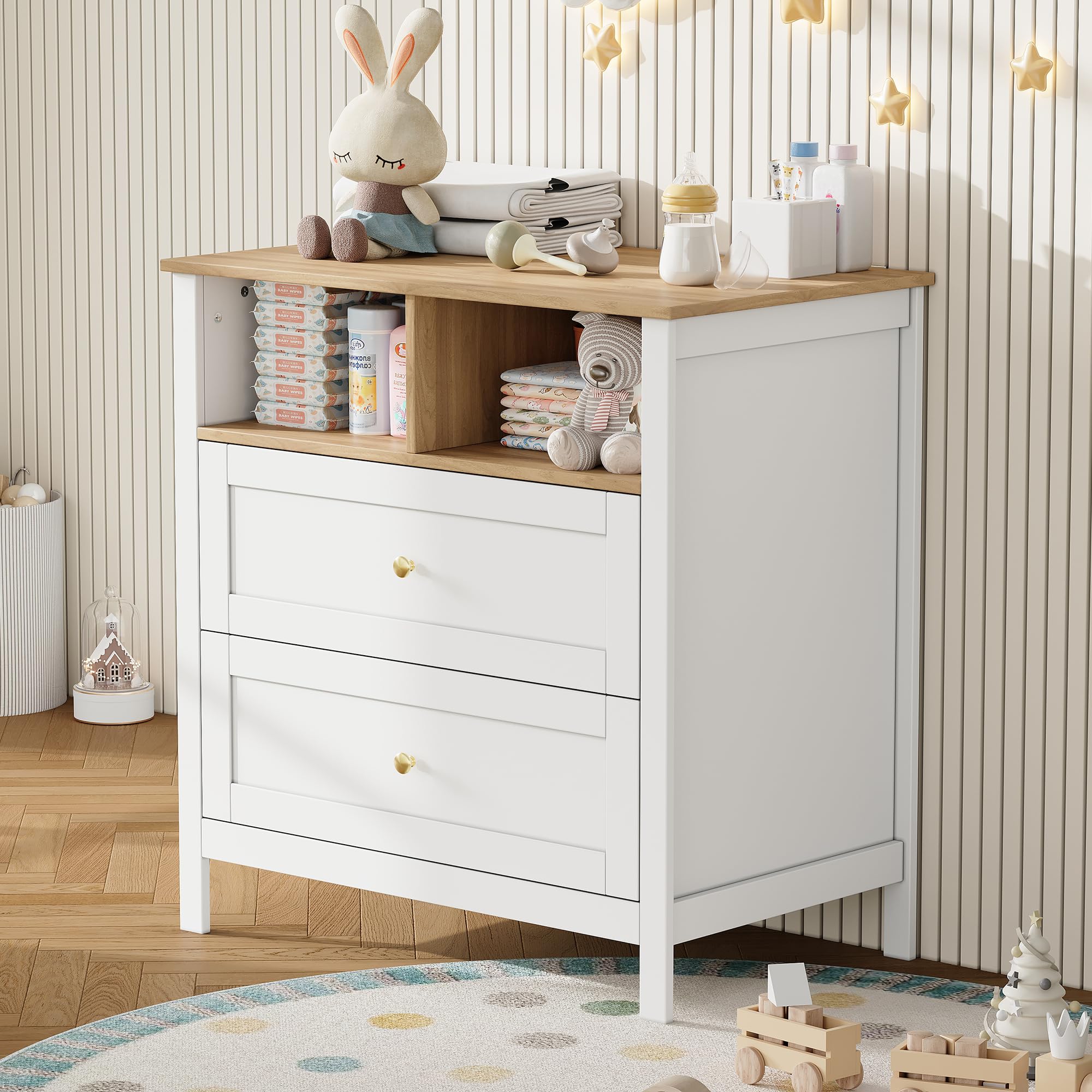 Fasciatoio multifunzione per bambini, convertibile con fasciatoio rimovibile e cassetti, cassettiera con fasciatoio, bianco, 82 x 50 x 90 cm, senza imbottitura, naturale + bianco