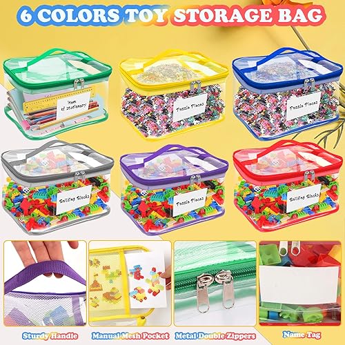 Miniatura 2 de AOBOPLE Paquete de 6 bolsas transparentes de almacenamiento de juguetes con etiqueta de nombre y bolsillo manual, bolsas organizadoras de juguetes