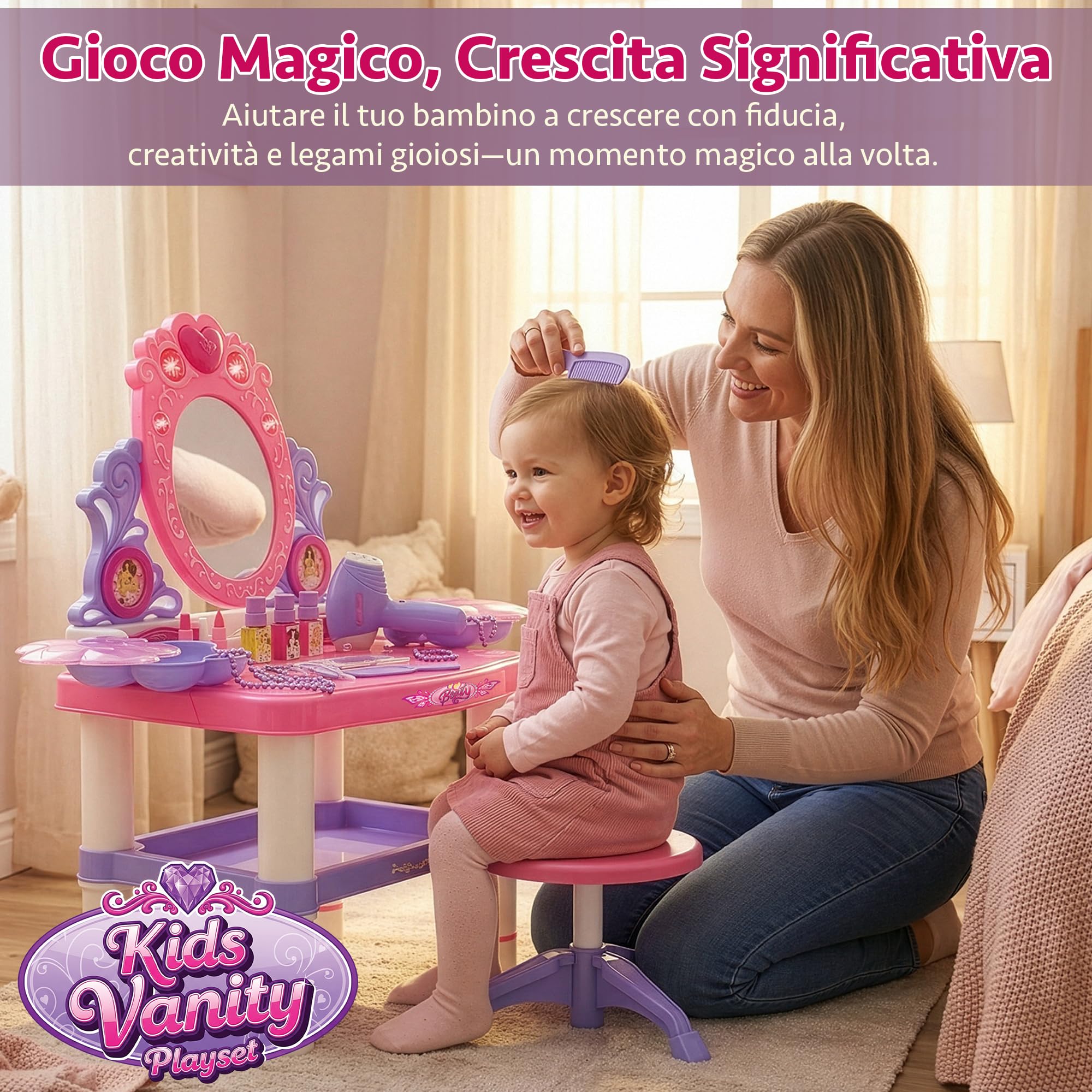 Kinderplay Tavolo da toeletta rosa per bambini con bacchetta magica e accessori | Tavolo da toeletta per bambini con specchio, cassetto, sgabello e set da trucco – giocattolo di ruolo,