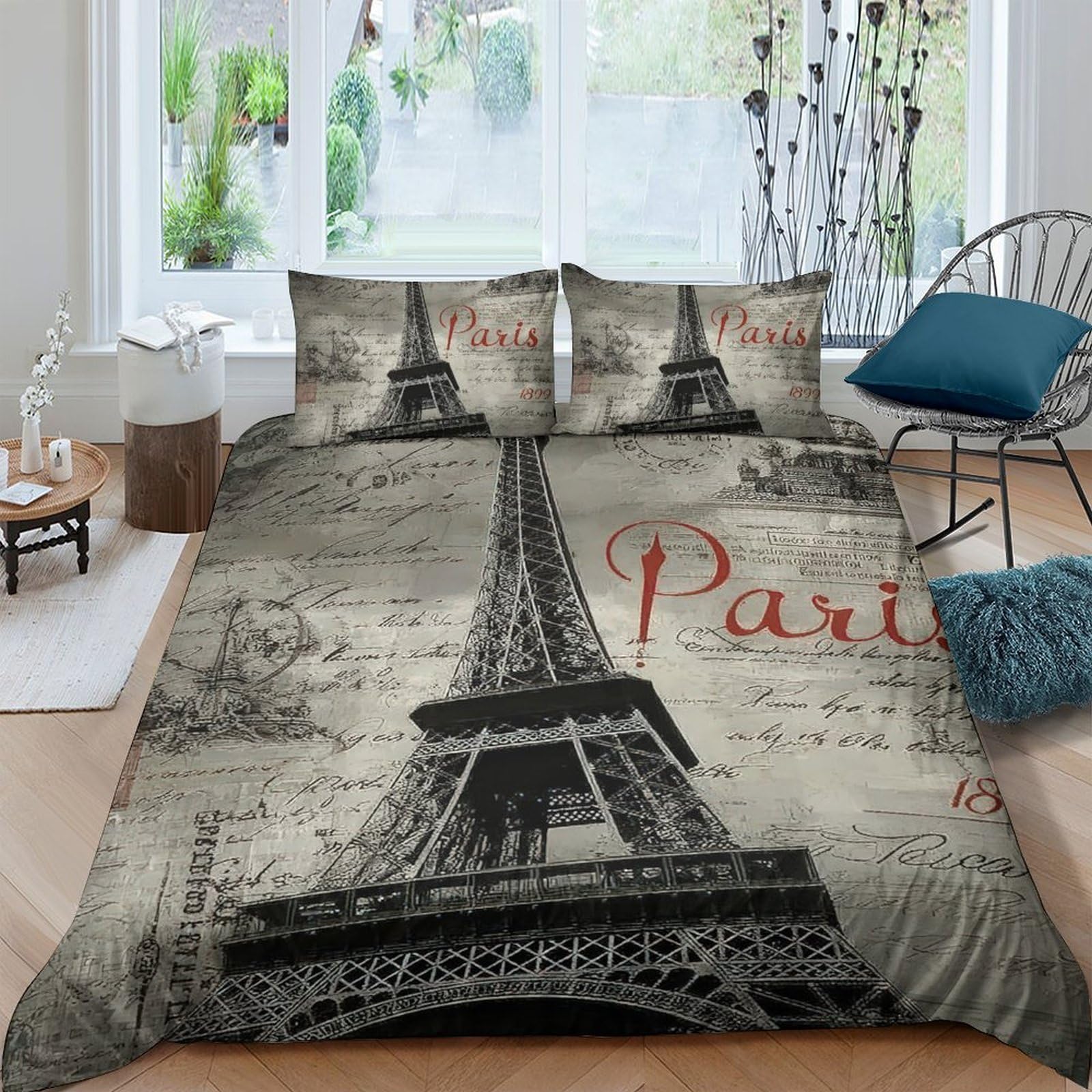 GPLZQXKJNH 3D Printed Eiffel Tower Paris Duvet Cover Microfiber Soft Breathable Vintage City Bedding Set with 2 Pillowcases for Bedroom Decor Single（135x200cm）