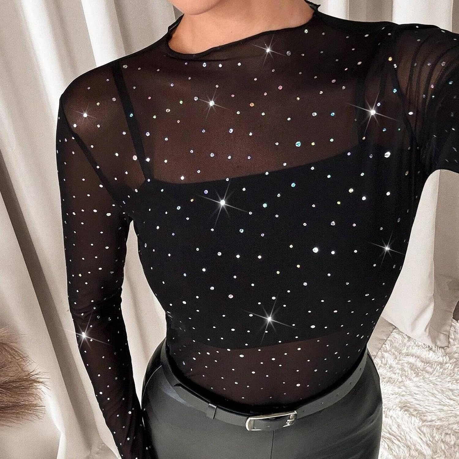 Women’s Sexy Sheer Mesh Leopard Long Sleeve Tee Top See-Through Crew Neck Blouse T Shirt - Image 3