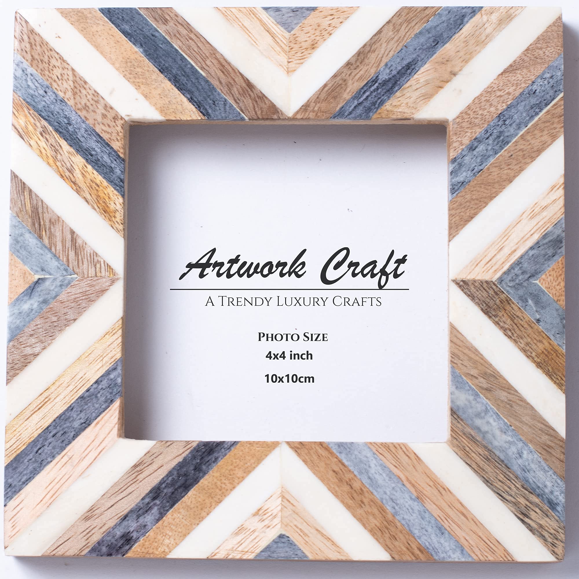 Picture Photo Frame Chevron Herringbone Art Inspired Vintage Table-Top/Wall Décor Frames (4x4 Inches, Gray,White,Wood)