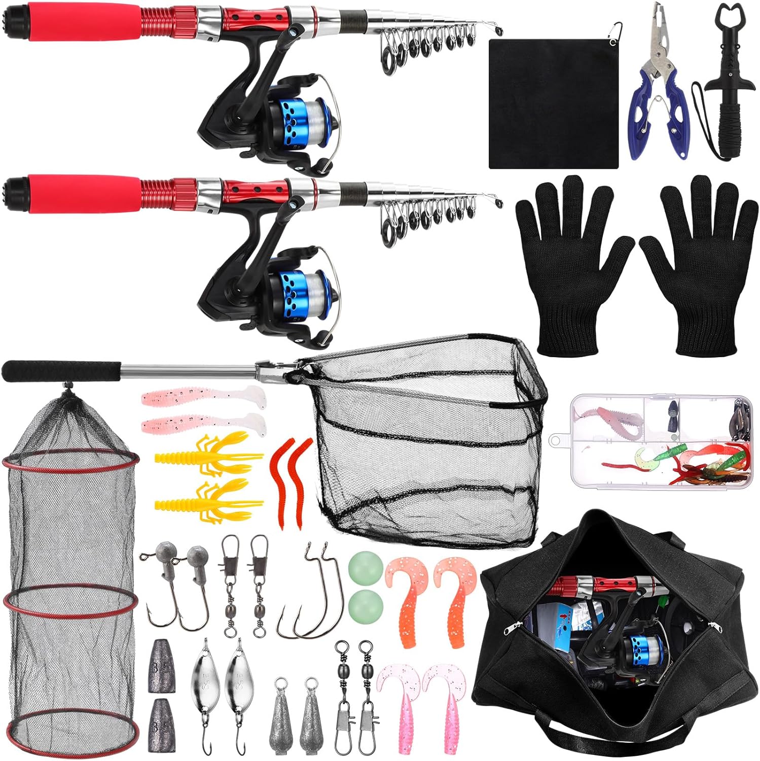 51 Pcs Christmas Fishing Pole Combo 6.89ft Telescopic Rods Set Collapsible Fishing Rods with Plier Lip Gripper Lures Carrier Bag Pre Loaded Spinning Reel with Freshwater Rod Reel Kit
