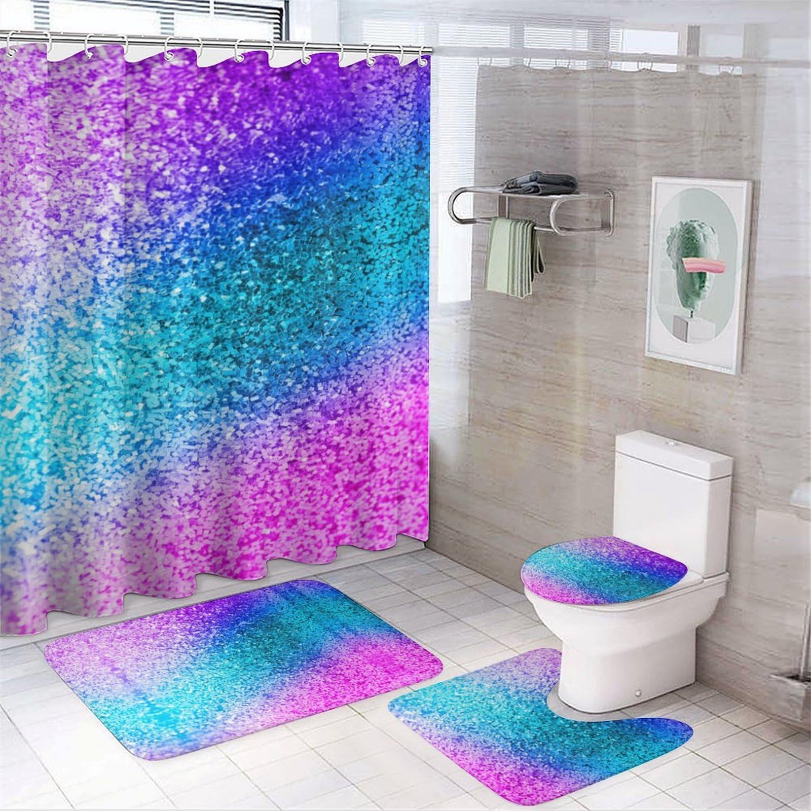 JZemdybill Bathroom Mat Set 4 Piece, Glitter Sequin Spot Shower Curtain with Non-Slip Bath Mats for Bathroom