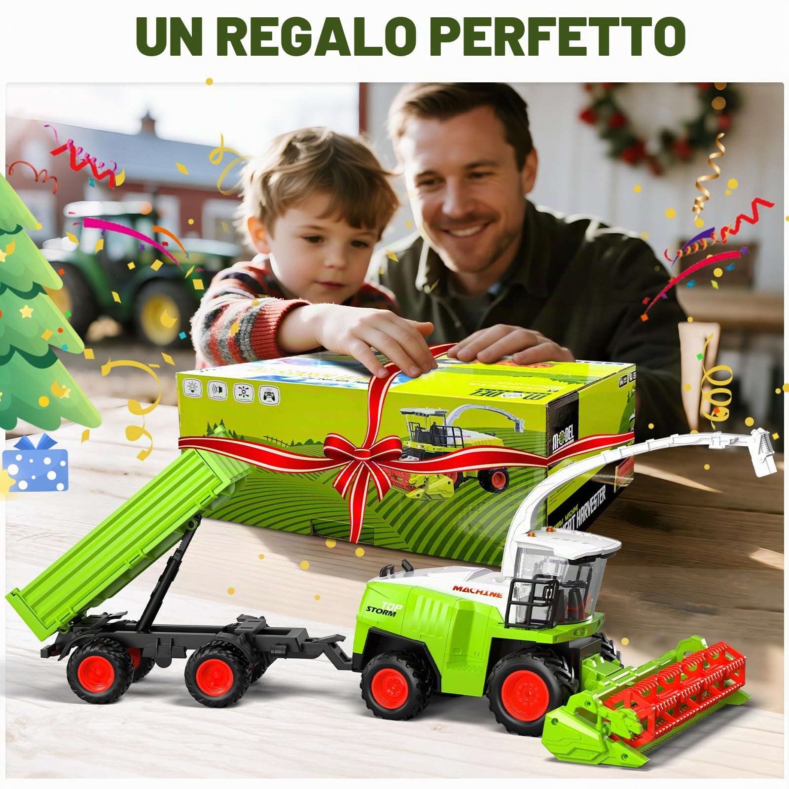 Mietitrebbia Telecomandata con Rimorchio, Trattore Giocattolo RC | Con luci e suoni realistici, gioco della fattoria e regalo di compleanno o Natale per bambini dai 3 anni