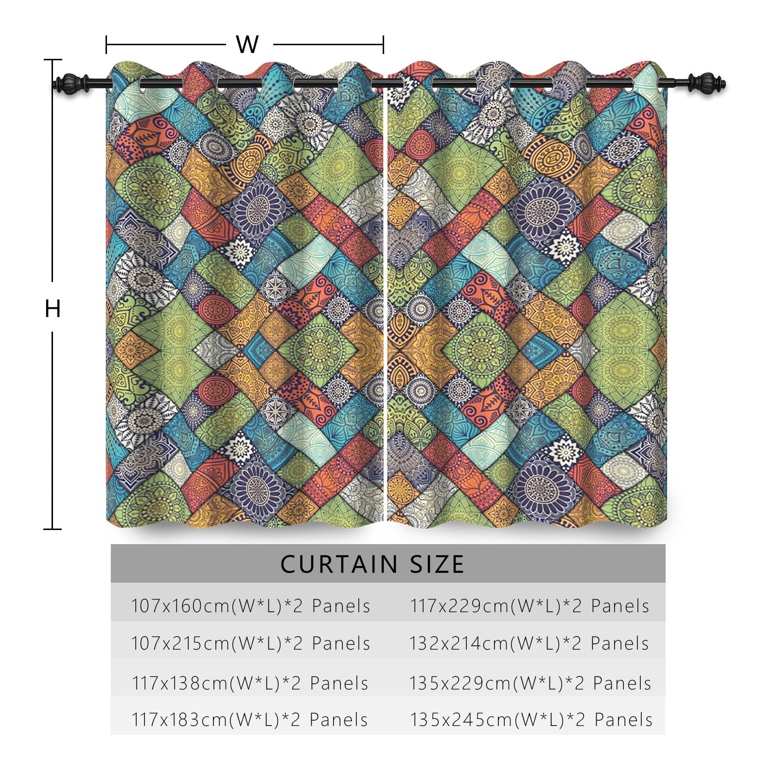 ggaimwf 42"x 63" Boho Patchwork Eyelet Curtain Retro Moroccan Colorful Ethnic Bohemian Mandala Pattern Insulated Thermal Grommet Blackout Window Drapes for Bedroom Living Room Kitchen,2 Panels - Image 2