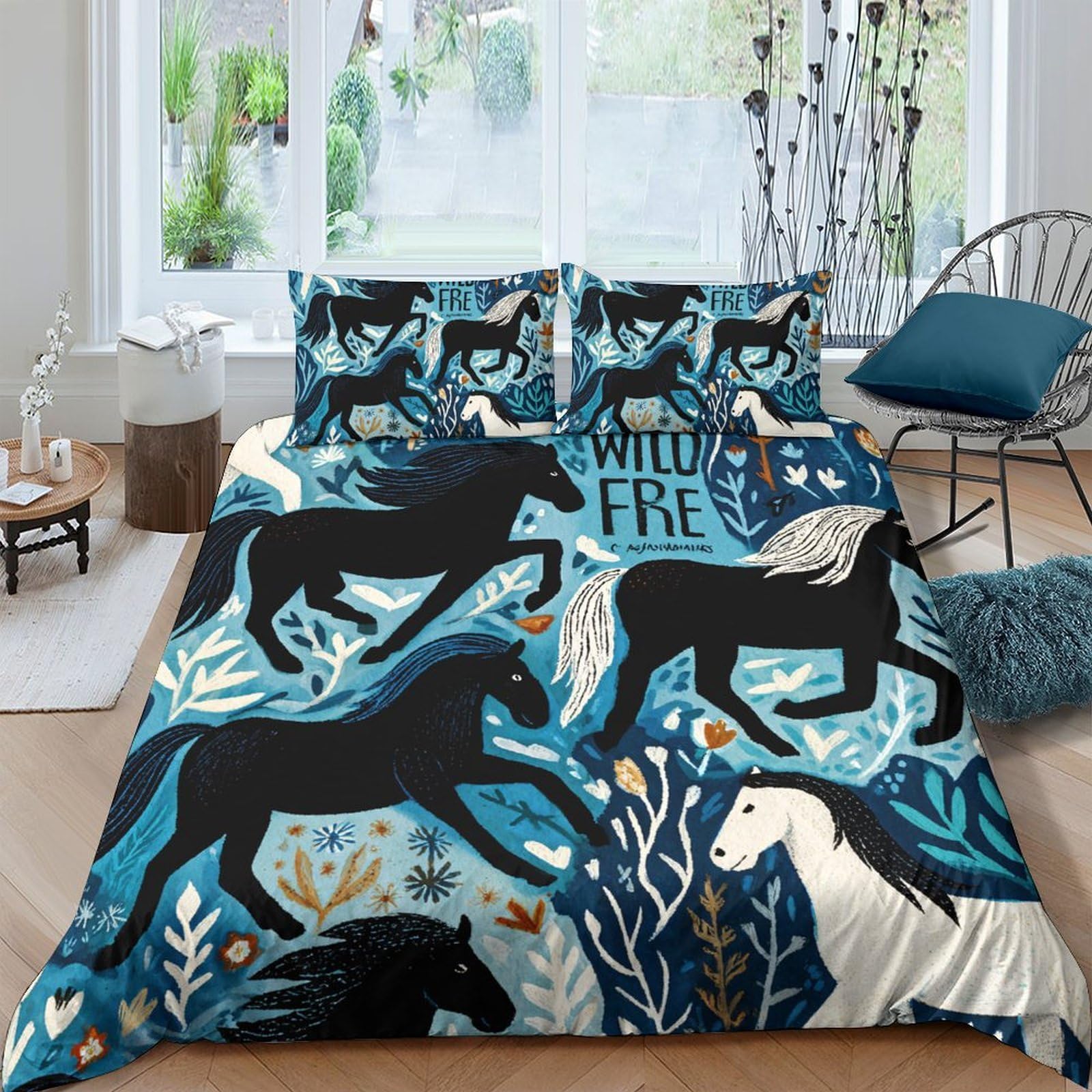 Ctjqhvkz Style-2 3D Printed Wild Horse Fitted Sheet Microfiber Black White Blue Forest Mattress Cover Bedroom Decor Anti-Slip Washable Single（135X200cm）