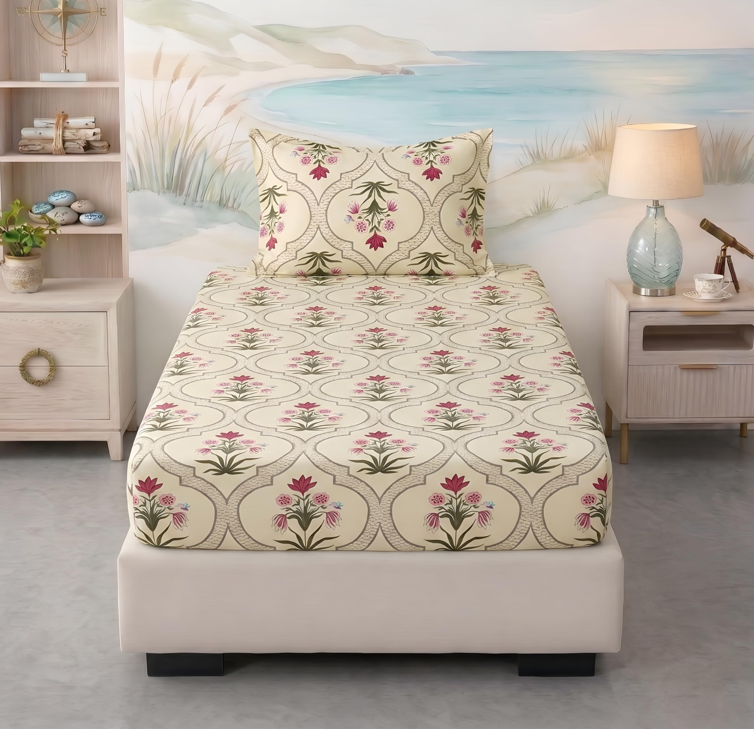 BSB HOME 220 TC Cotton Fitted Single Bedsheet with 1 Pillow Cover, Soft Breathable, Elastic Fit, Fade Resistant, Easy Care – 36 x 72 + 6 Inches (Classic Floral Cream)-image-0