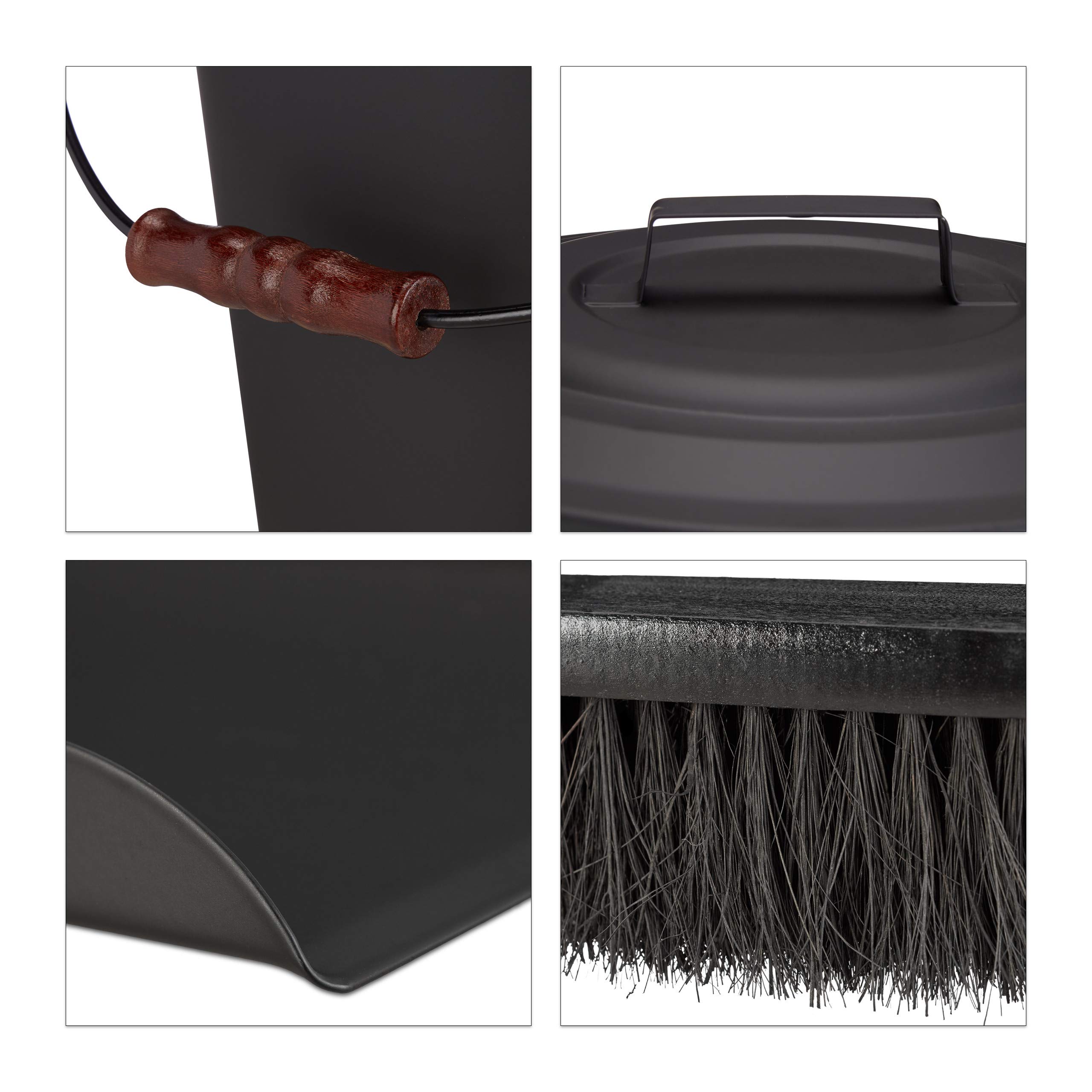 Relaxdays Secchio Cenere 24L Con Coperchio – Manico In Legno, Nero, Per Camino E Barbecue