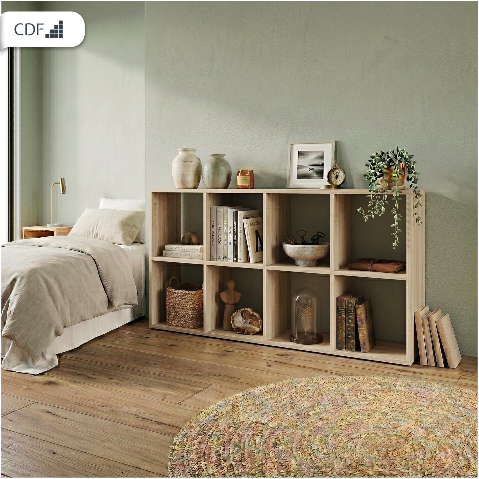 CDF Bücherregal mit 8 Fächern Würfelregal offenen Würfeln für Wohnzimmer Studio 2x4 Regal Stufenregal Ordnungssystem für Bücher Deko Fotos Arbeitszimmer Flur Eiche Sonoma 30x147x75 cm