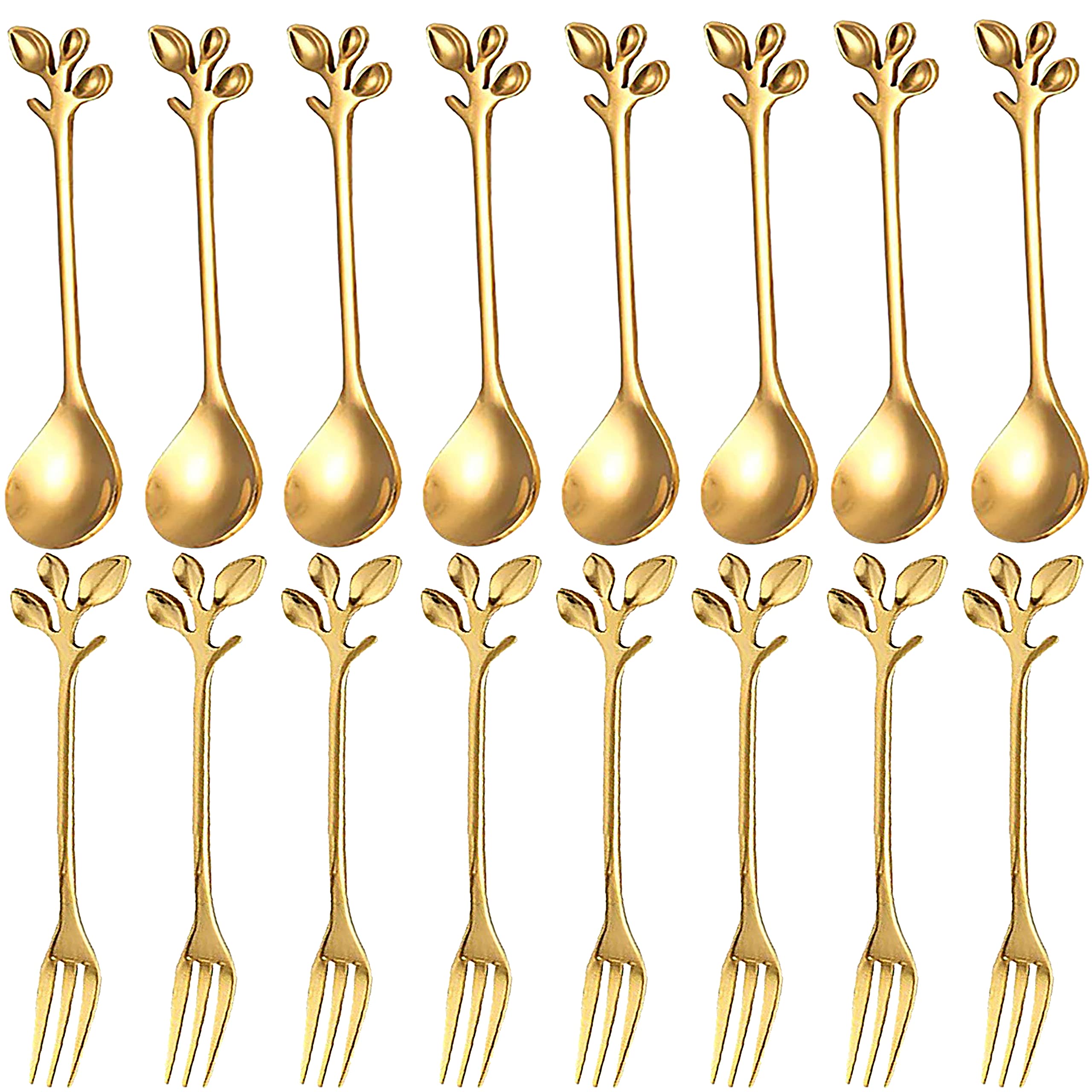 Comicfs 16 Pcs Stainless Steel Gold Leaf Creative Appetizer Cake Fruit Forks Set 4.7 Inches Tasting Dessert Forks Kitchen Accessory Wedding Party (16 Forks, Gold) — Amazon image 10