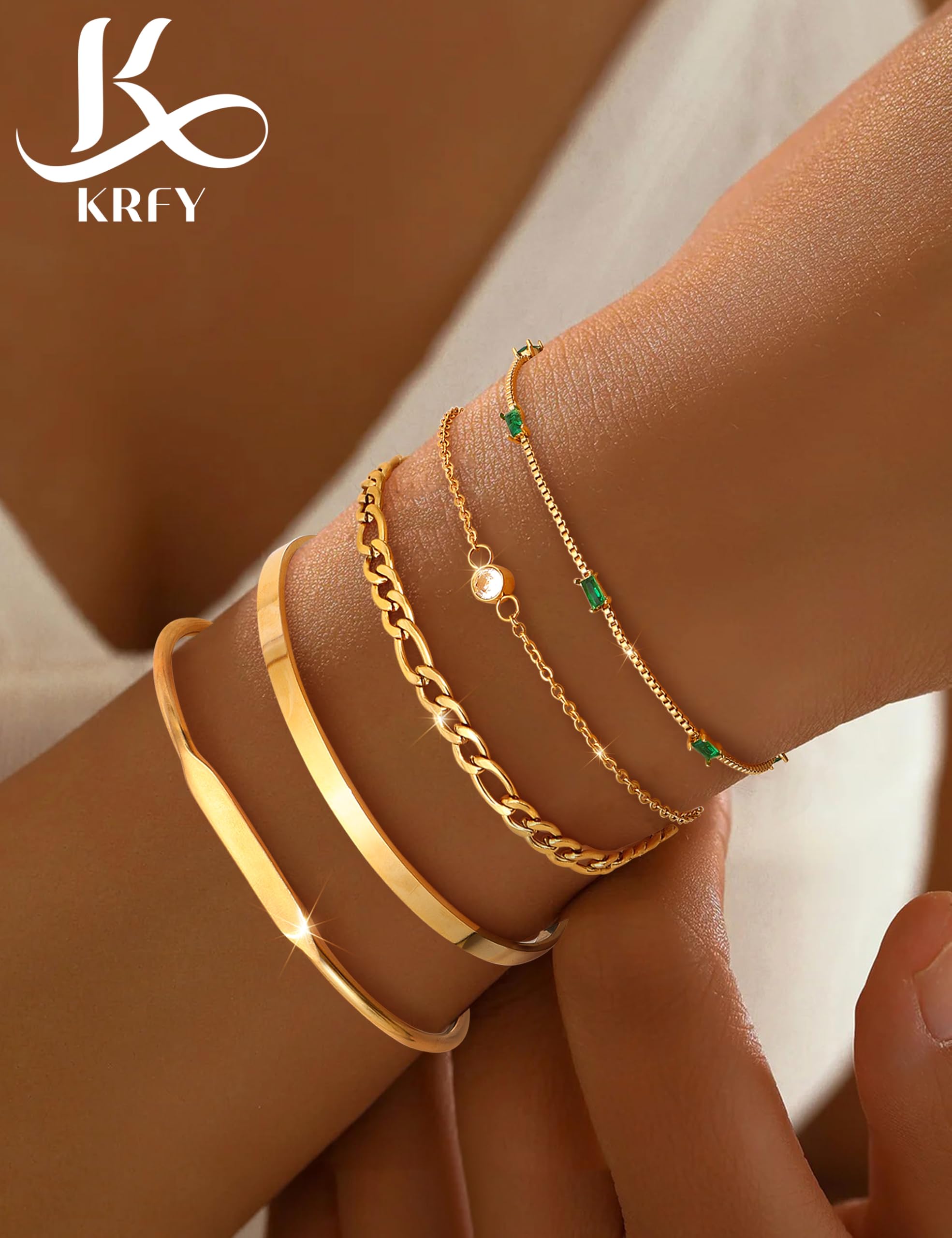KRFY 5piezasPulseras de Oro Para Las Mujeres 14K Oro Chapado Pulsera Puño Pulsera de Tenis Conjunto Pulseras de Pila Ajustable Figaro Verde CZ Cadena — view 6