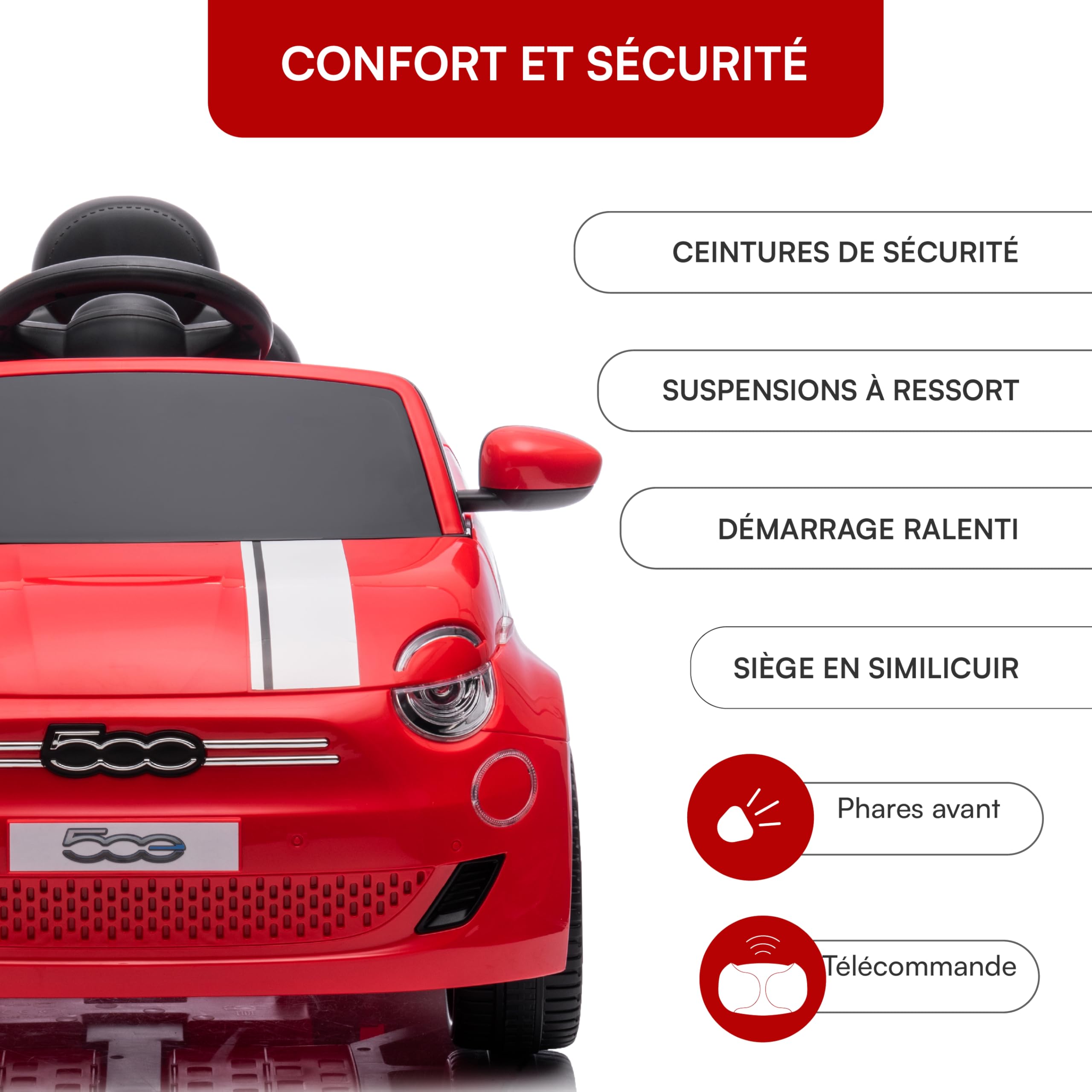 Baroni Toys Fiat 500 Voiture Électrique Enfant 12V avec Télécommande Parentale, Lumières, Sons, Marche Arrière, Ceinture de Sécurité – Véhicule pour Enfants 1-4 Ans, 100x60x50 cm (Rossa)