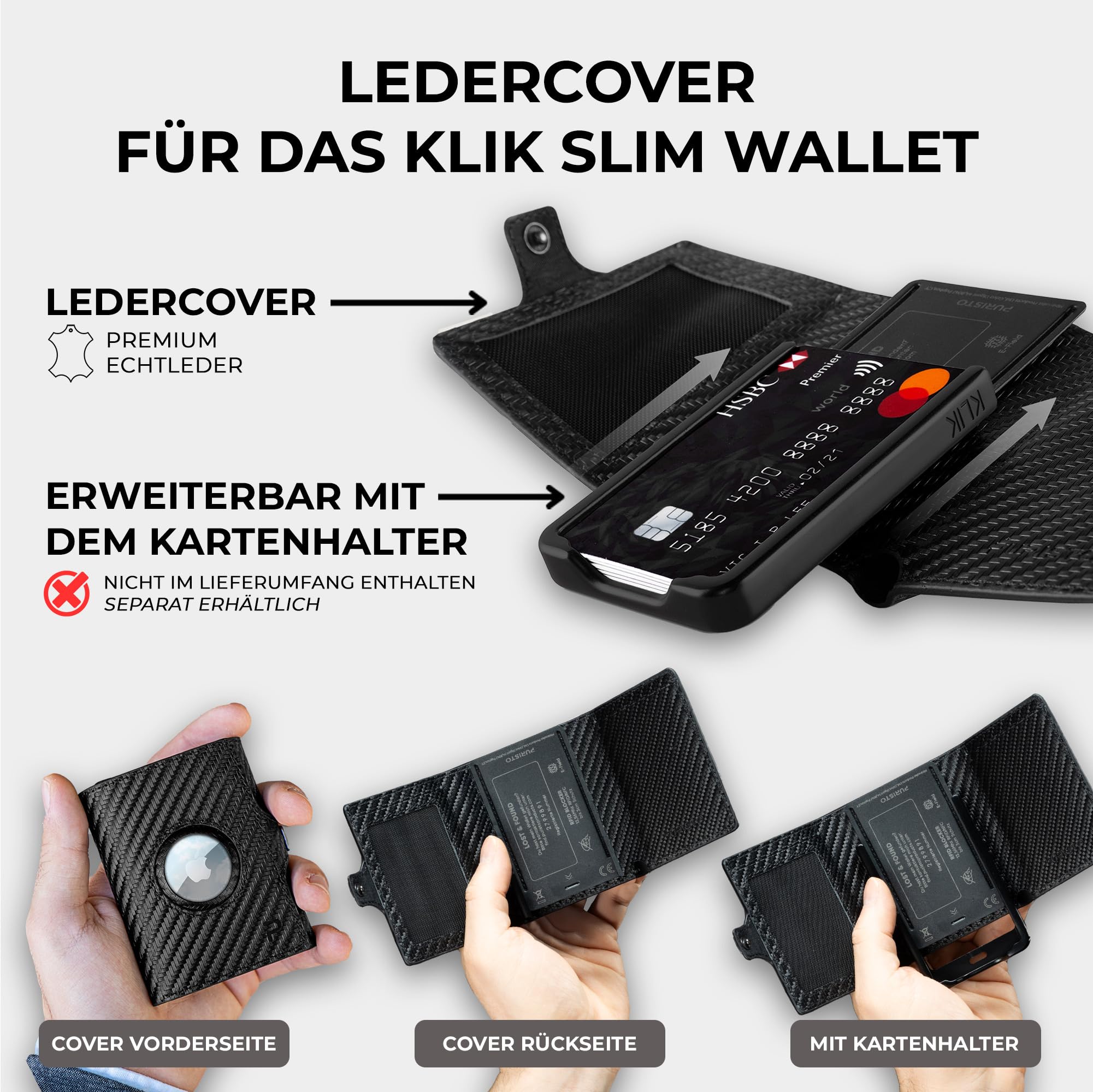 Bargeld-Tasche AirTag Erweiterung mit Münzfach für bestehendes KLIK Slim Wallet, Zusatz Austausch-Cover für Kartenhalter oder als Add-On mit RFID-Schutz
