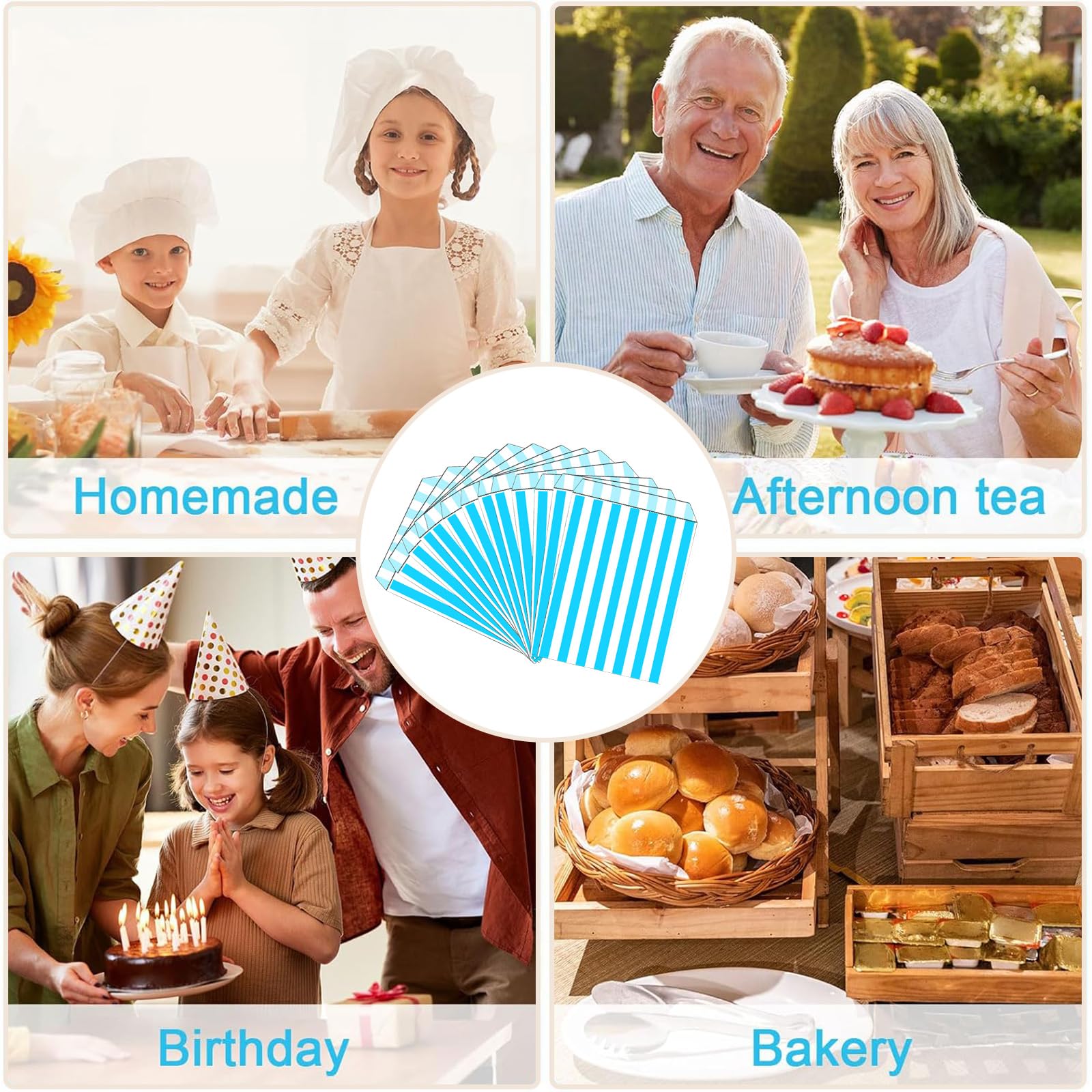 Sacchettini Di Carta A Righe, 100 Pezzi, Per Caramelle O Confetti, Per Negozi Di Oggettistica, Eventi O Matrimoni, Carta, Aqua/ Light Blue, 100 Borse - Foto 7