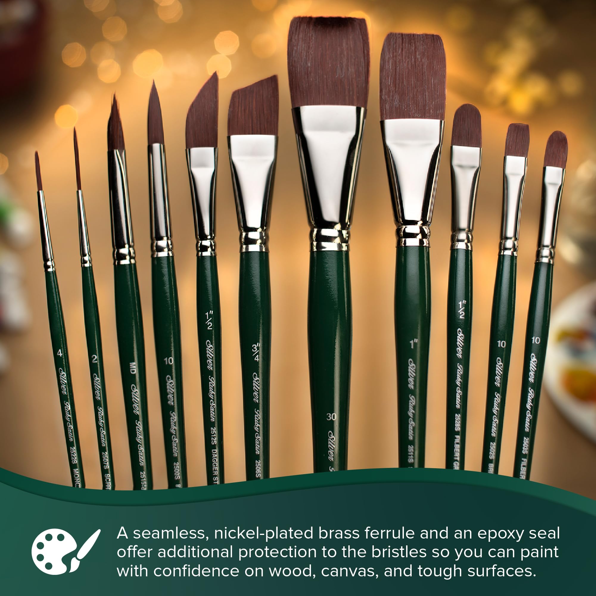 Silver Brush Limited RSS-2560S Ruby Satin - Juego de 6 Pinceles - Redondo #4, Bright #10, Filbert 1/2", de ángulo 5/8", Triangular M, Rigger 2/0