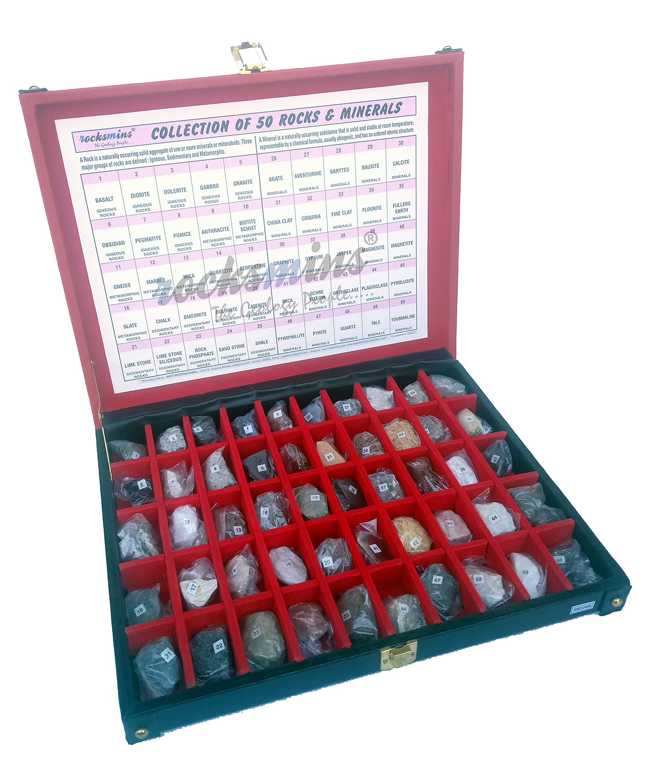 Buy Rocksmins Collection of 50 Rocks & Minerals in Coloured Red Black ...
