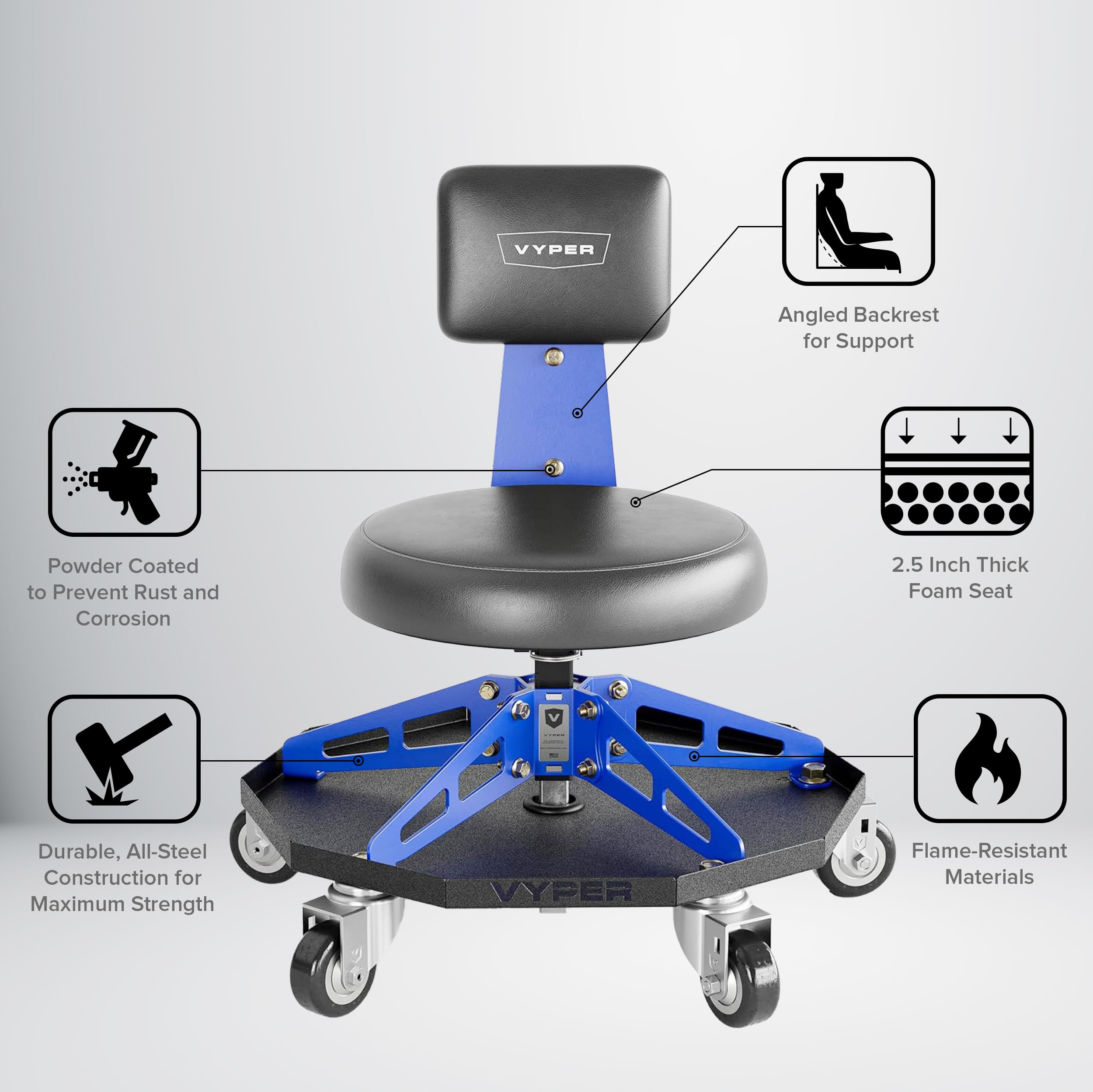 Vyper - Silla deportiva de acero robusta para mecánica, automoción, bricolaje, taburete de garaje de capacidad de 300 libras con respaldo y ruedas grandes (asiento negro, marco azul)