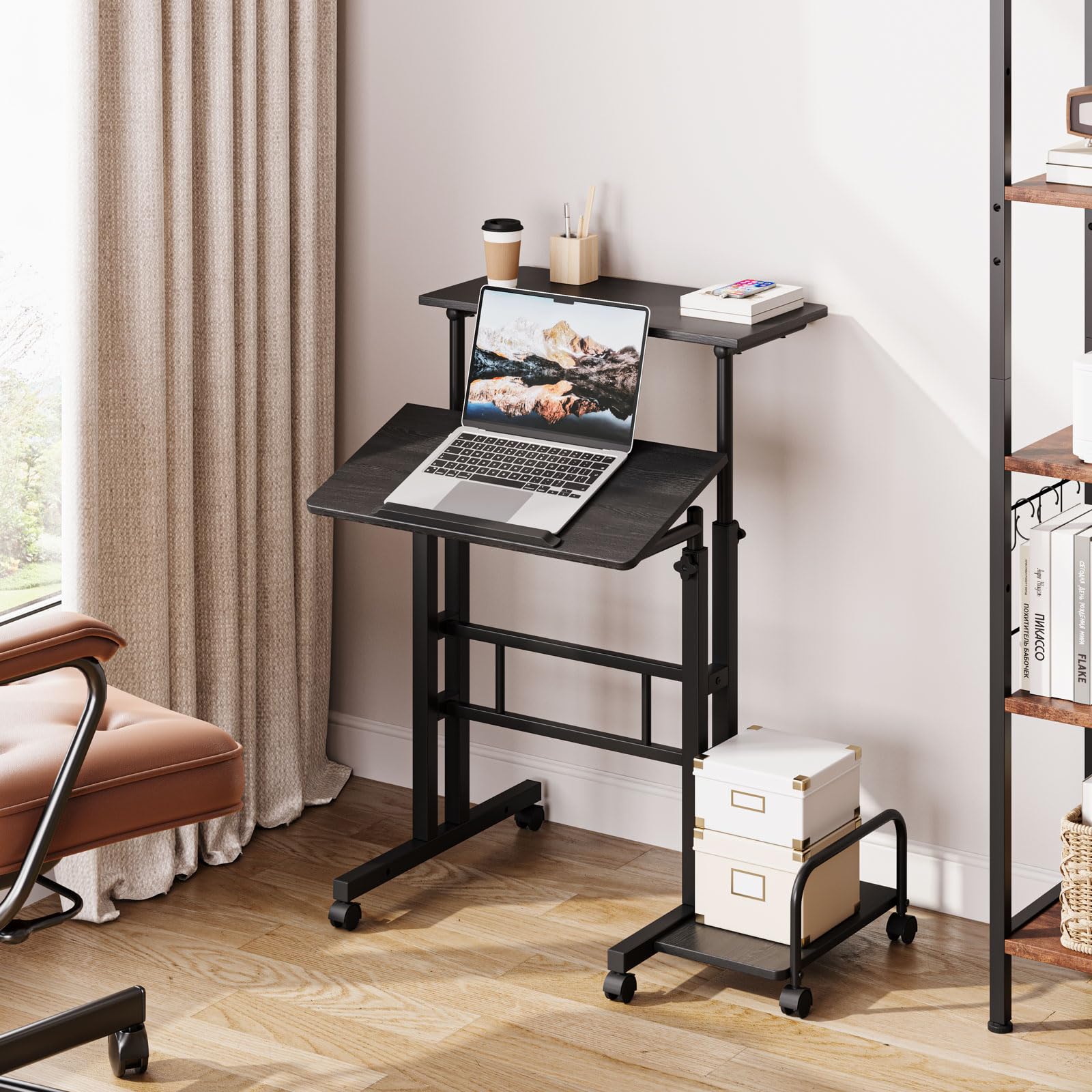 Dripex 60 x 60 cm, scrivania regolabile in altezza, scrivania mobile per computer con 4 ruote, tavolo per computer portatile, tavolo inclinabile, per casa, ufficio, nero