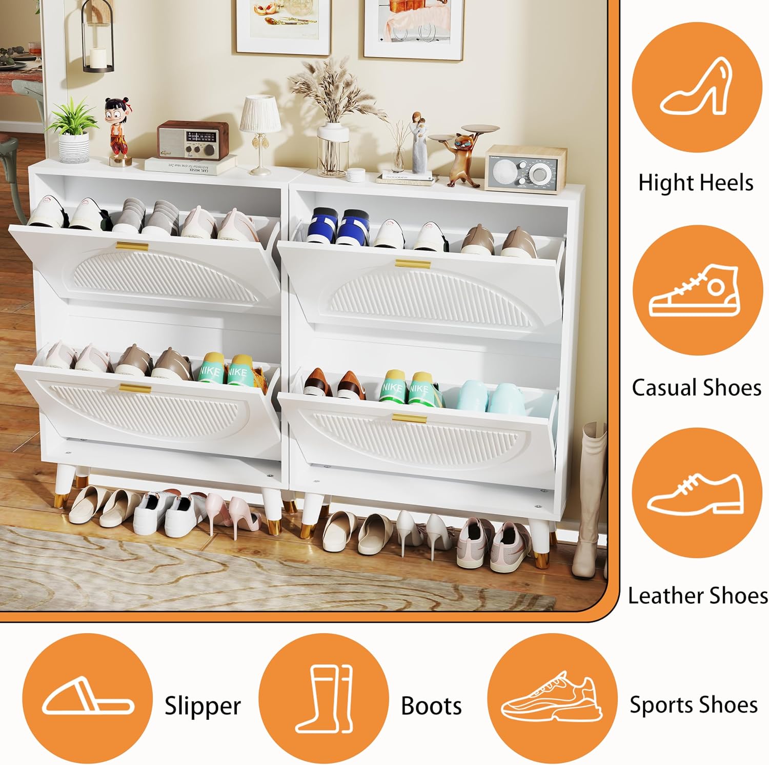 Narrow Shoe Cabinet Storage for Entryway: Cabinet Shoe Rack Organizer, White Shoes Cabinets with 4 Flip Drawers, Modern Shoes Storage Entryway for Front Door Entrance (2 Piece, 25")