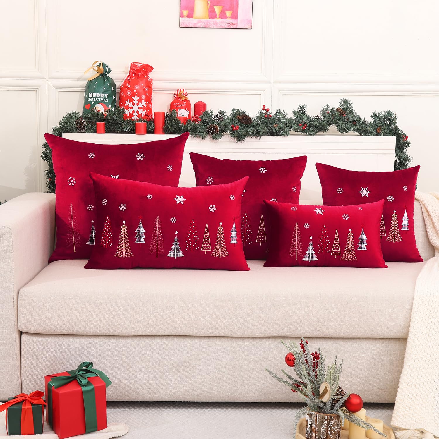 Tosleo - Juego de 2 Fundas de cojín (Terciopelo, 40 x 66 cm, Funda de Almohada, Color Rojo y Alegre Xmas, Muchos árboles de Navidad, decoración de Invierno, para sofá, Cama, Silla, salón o casa