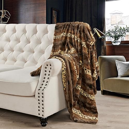 Miniatura 2 de Manta de piel sintética marrón con estampado de leopardo cepillado de doble cara de 50 x 60 pulgadas, manta de felpa ligera y esponjosa para sofá,