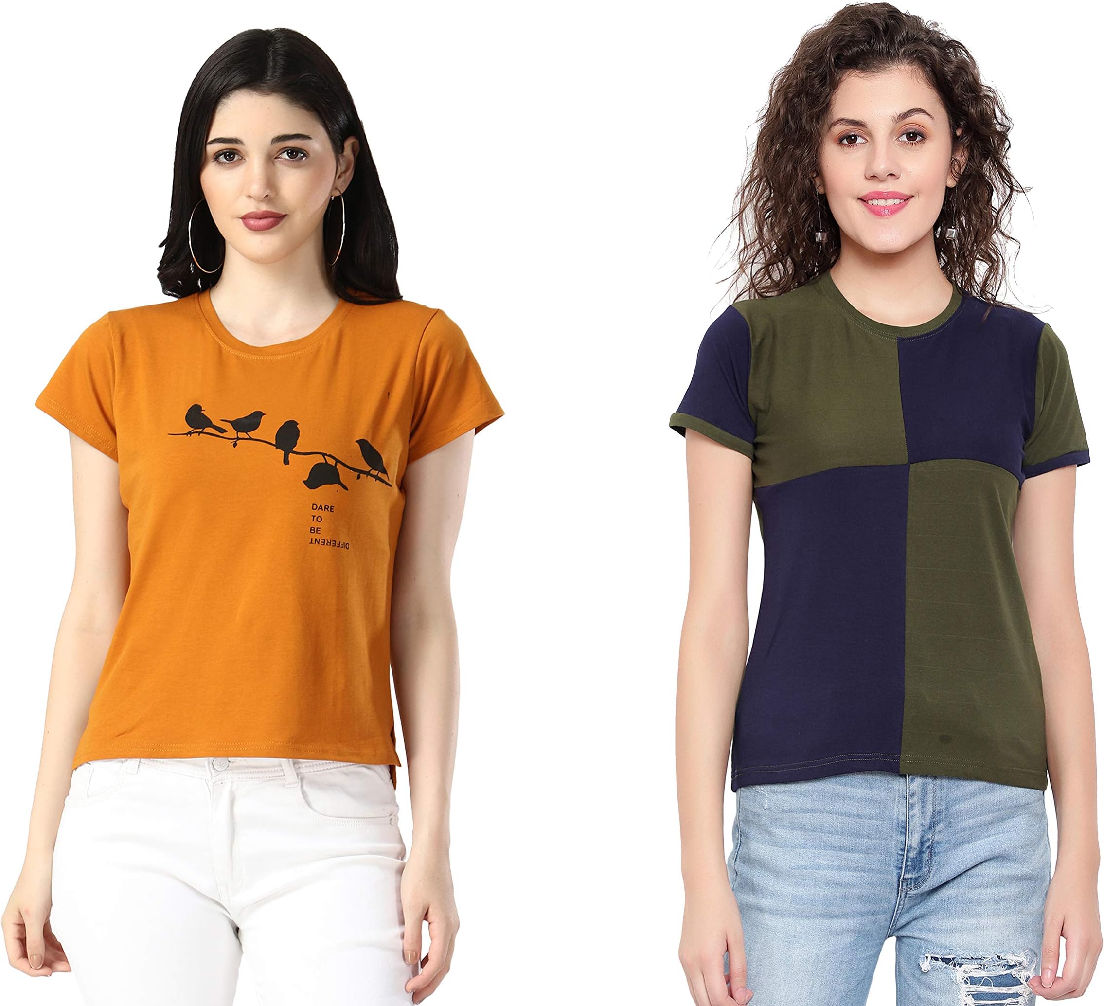 DHRUVI Trendz Women's Regular fit T-Shirt (W1234&W1246-M_Green&Mustered Medium)
