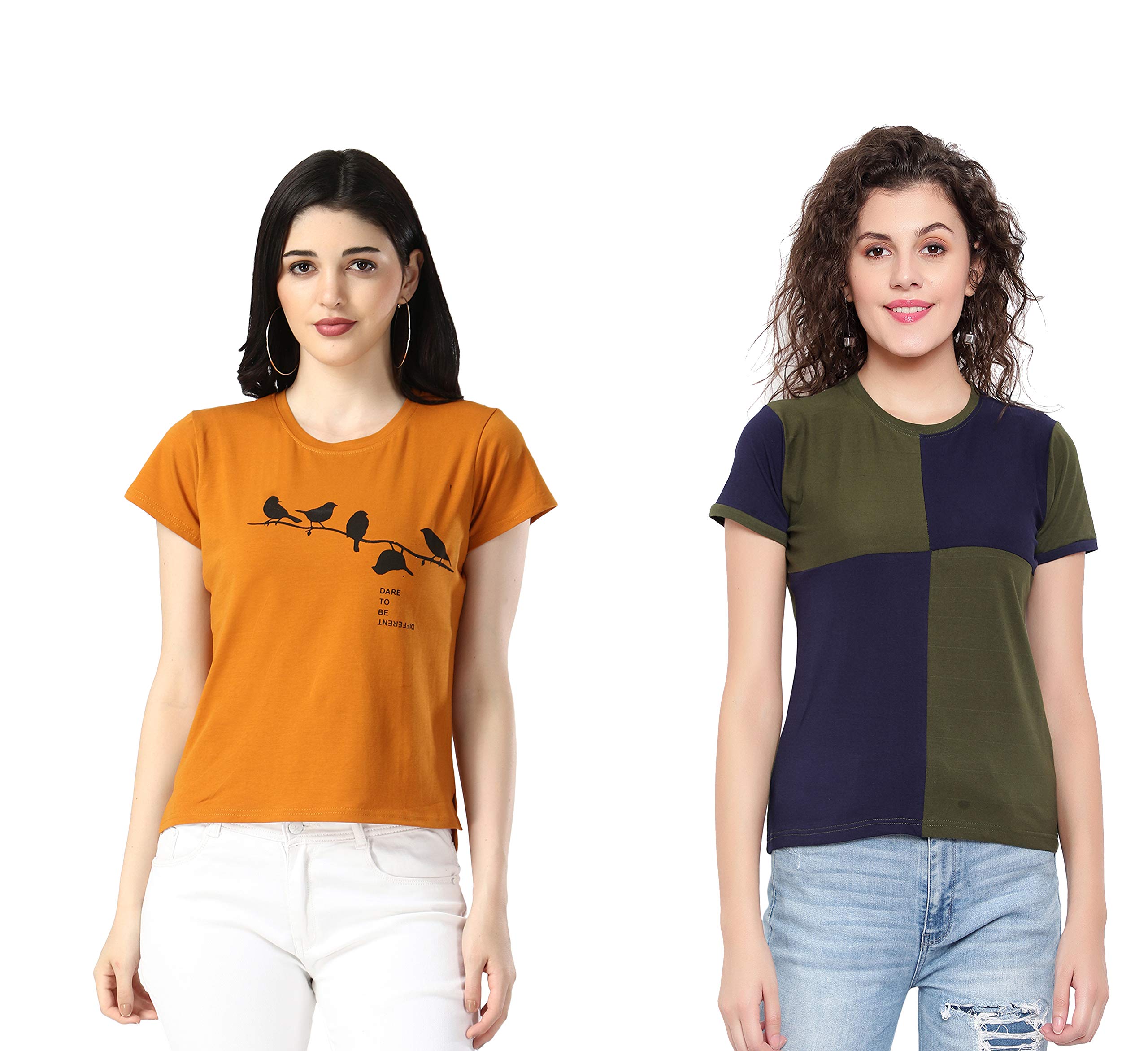 DHRUVI Trendz Women's Regular fit T-Shirt (W1234&W1246-M_Green&Mustered Medium)