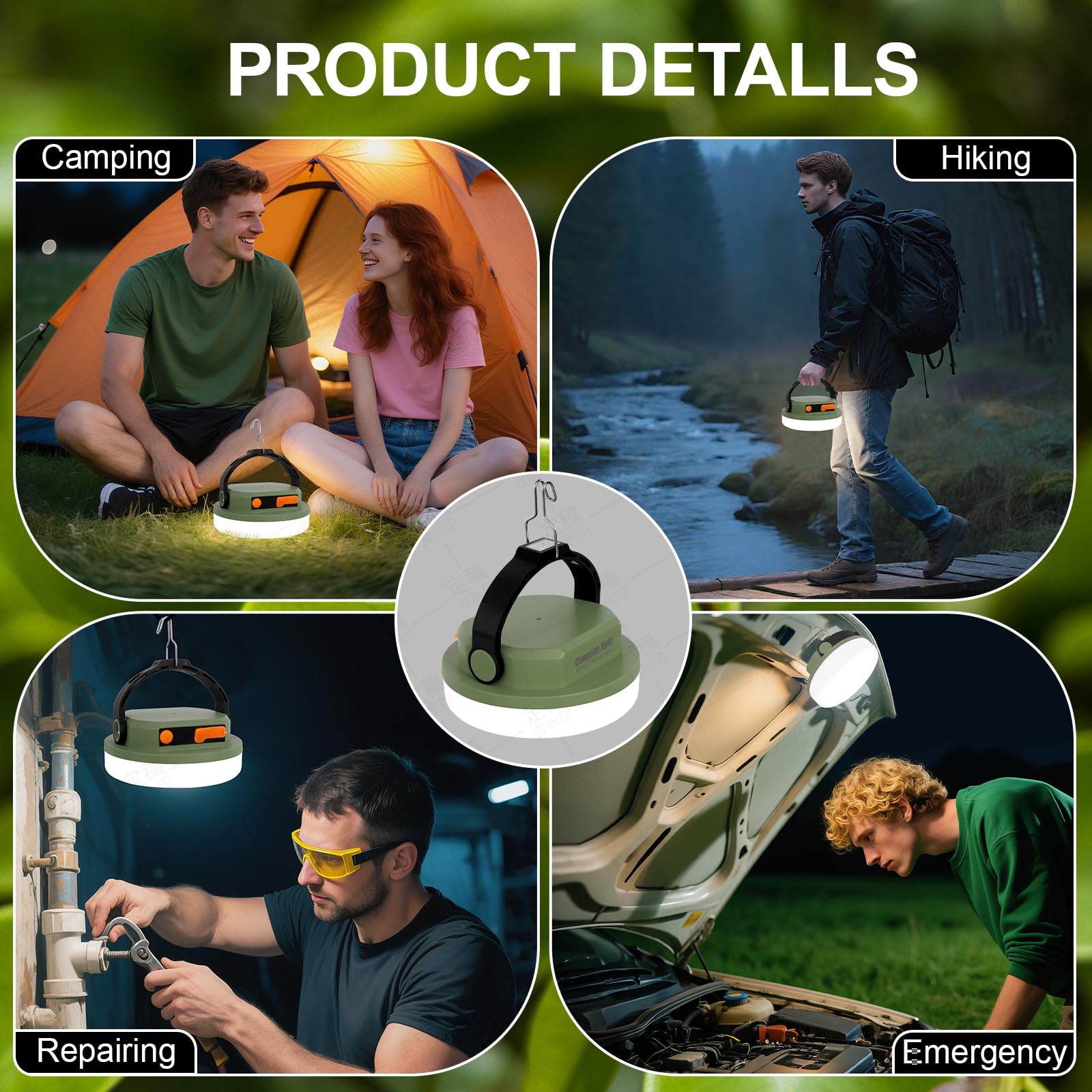 Outdoor Camping Lampe Wiederaufladbare Lampe Tragbare Beleuchtung Lampe Ausgestattet mit 6 Helligkeitseinstellungen, Zeltlampe mit Haken, Geeignet für Stromausfälle, Wandern und Notfälle (Armeegrün)