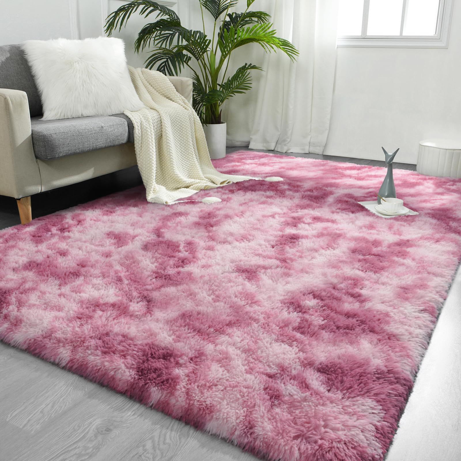 FlyDOIT 6x9 Feet Large Area Rugs for Living Room, Tie-Dyed Blush Shaggy Rug Fluffy Throw Carpets, Ultra Soft Plush Modern Indoor Fuzzy Rugs for