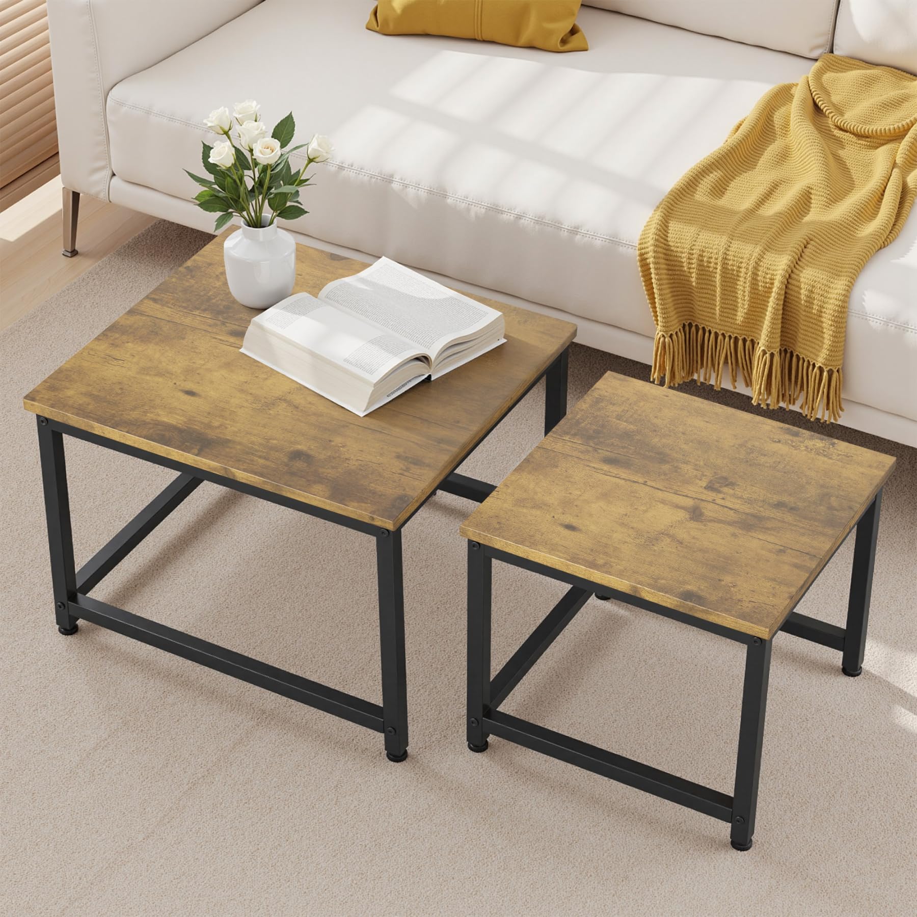 Hawthyhome Square Coffee Tables, Nesting Coffee Table Set of 2, Modern Side Tables with Metal Frame, Industrial Stacking End Tables for Living Room Bedroom Office, 60 * 60 * 45cm, Brown — image 1