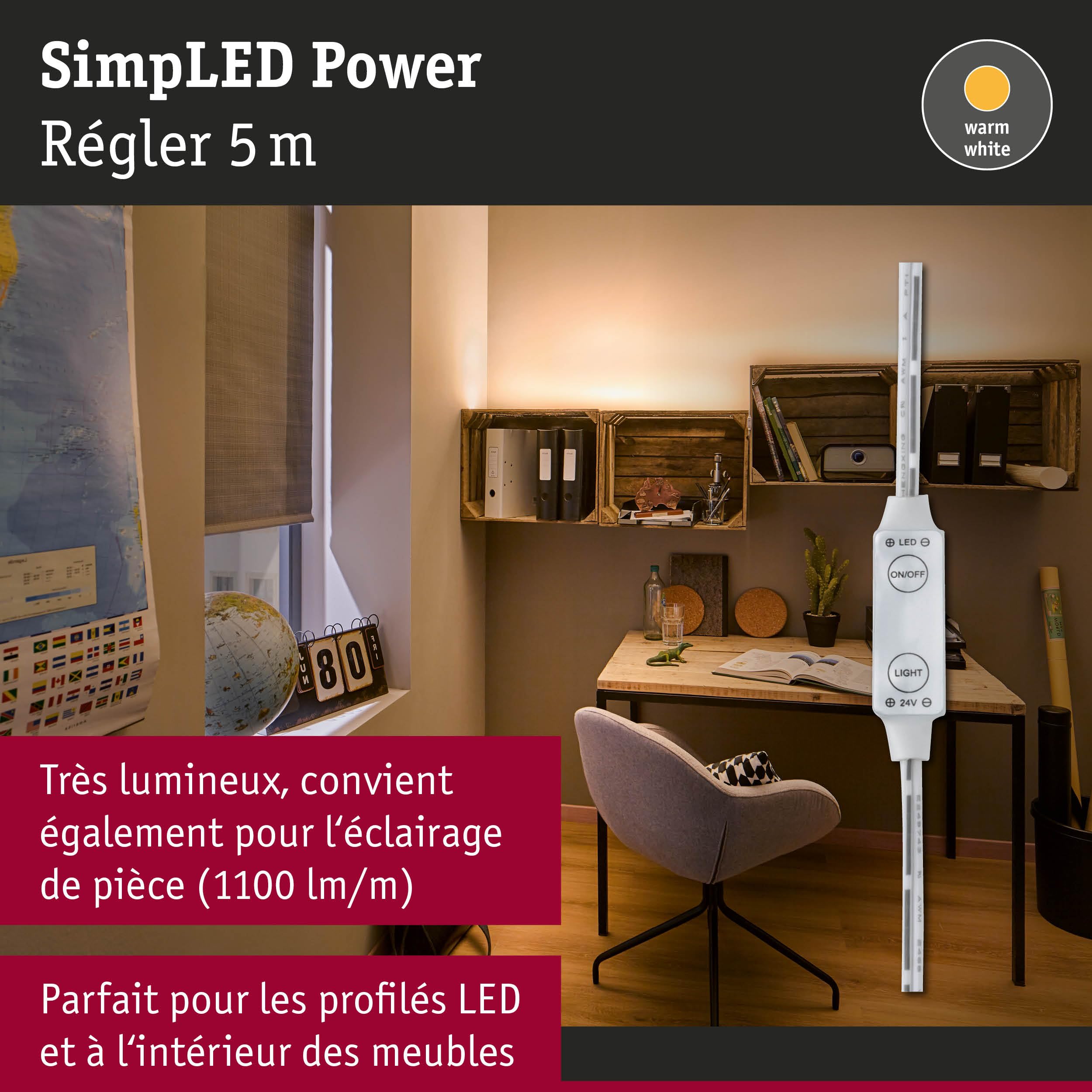Paulmann 78957 Kit Strips LED SimpLED Power 5 m avec variateur à fil 1100lm/m incl. 1x50 watts IP44 Blanc barre lumineuse plastique bande LED 3000 K